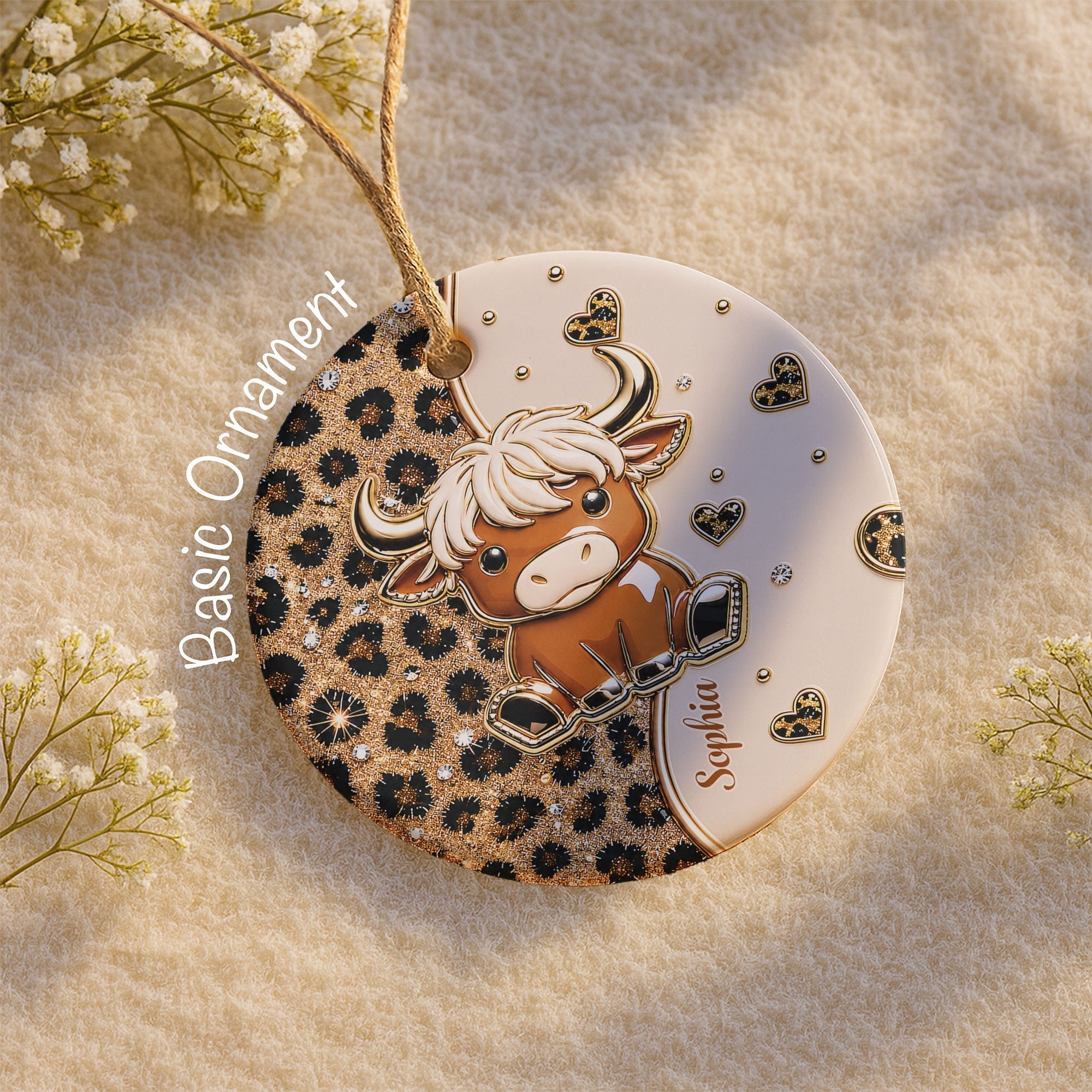 Personalized Highland Cow Ceramic Ornament Custom Name Gift