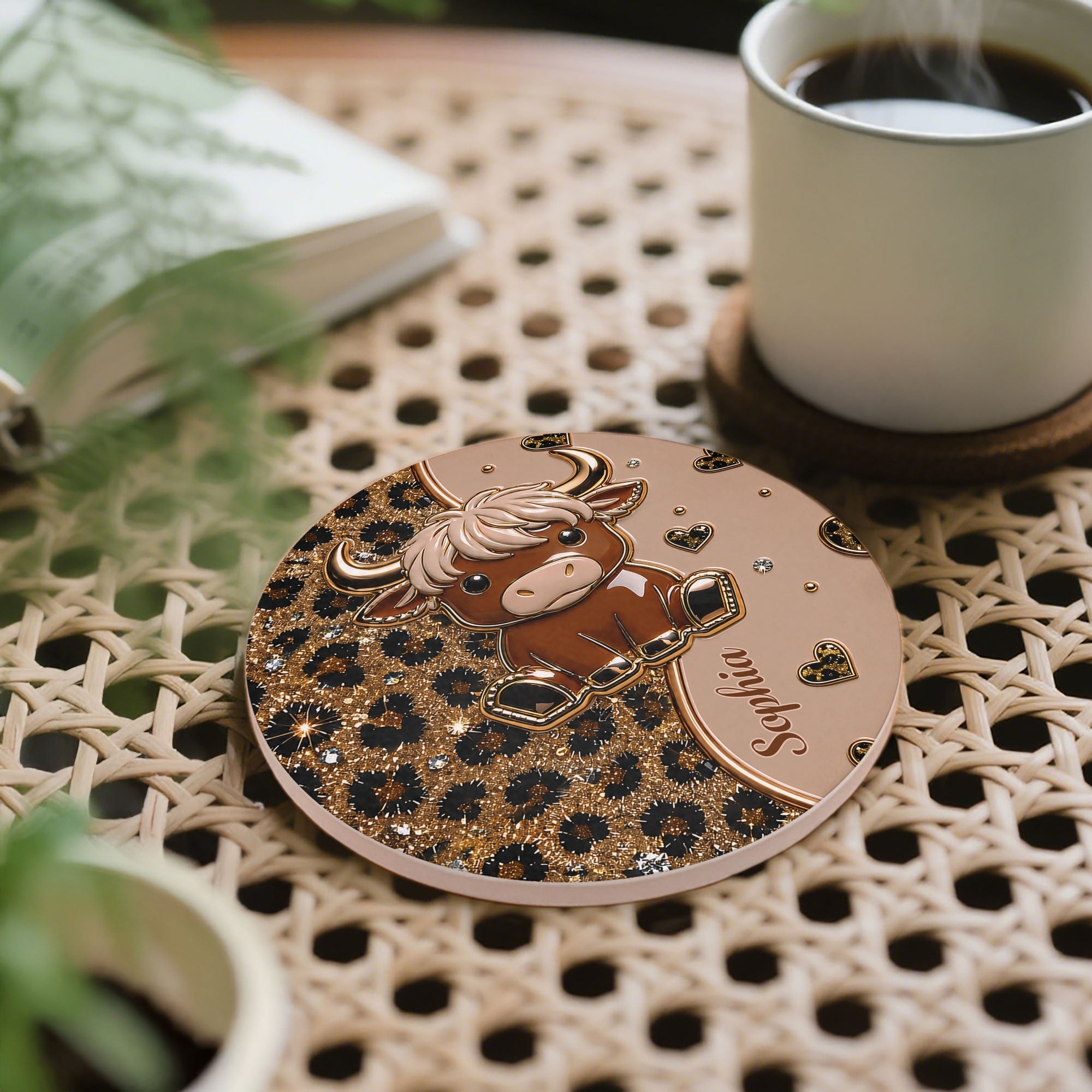 Personalized Cute Highland Cow Ceramic Coaster Gift for Her