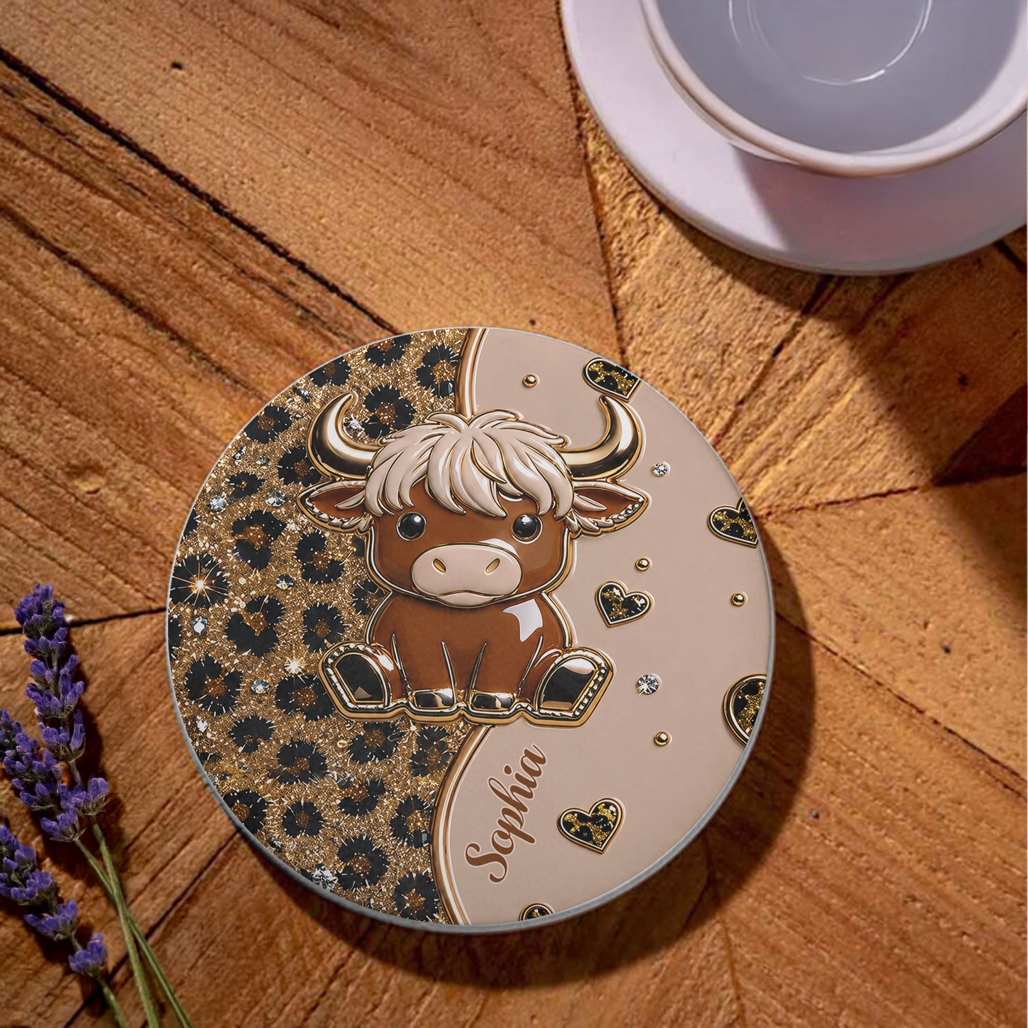 Personalized Cute Highland Cow Ceramic Coaster Gift for Her
