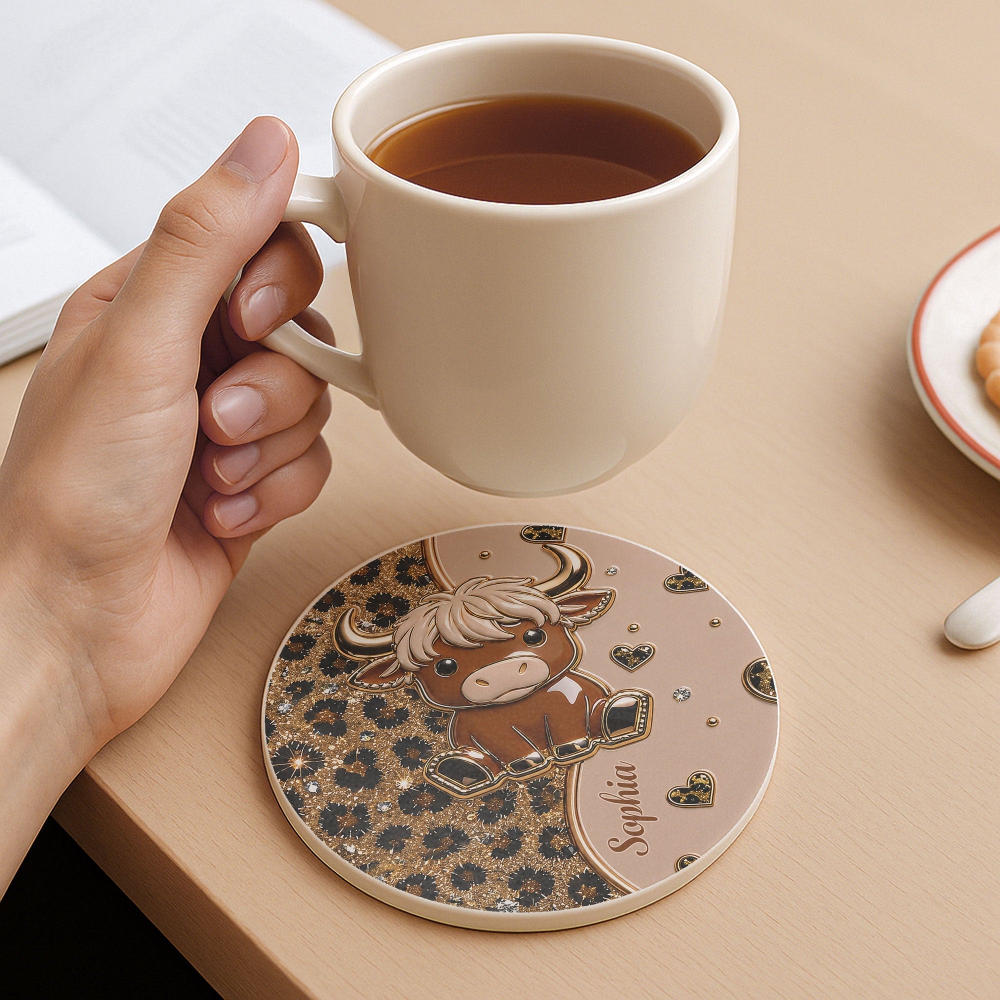 Personalized Cute Highland Cow Ceramic Coaster Gift for Her