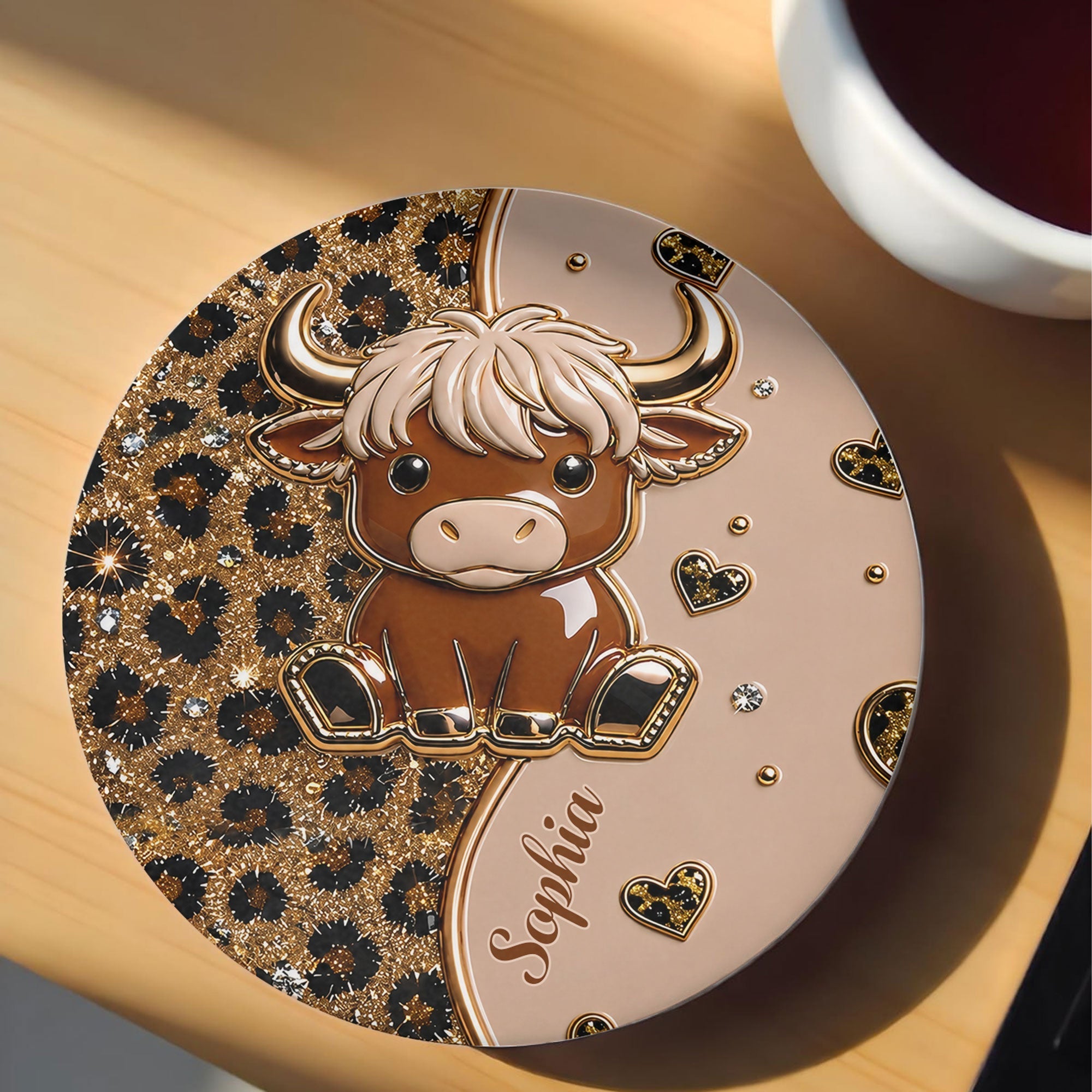 Personalized Cute Highland Cow Ceramic Coaster Gift for Her