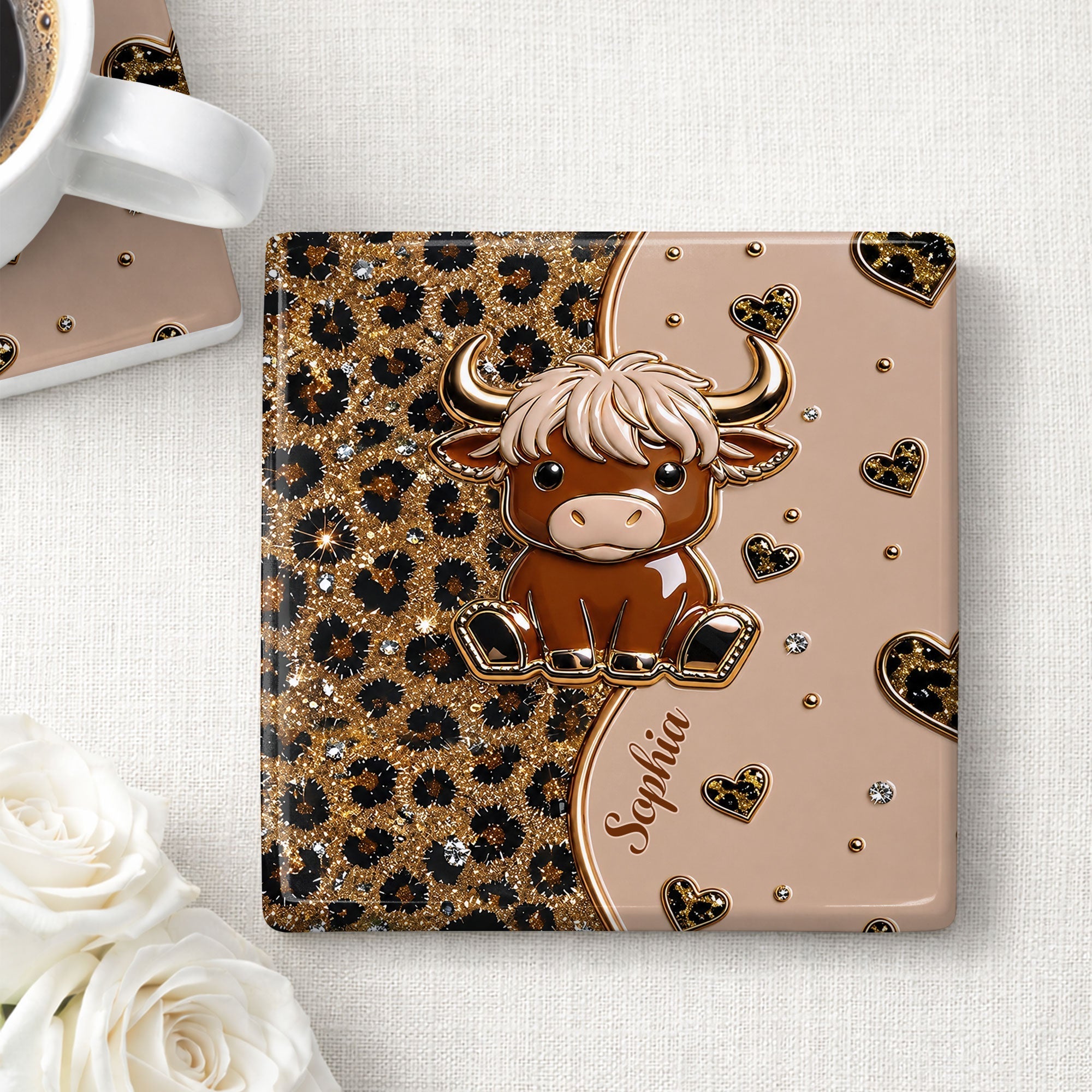 Personalized Square Ceramic Coaster Cute Highland Cow Gift
