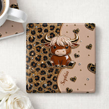 Load image into Gallery viewer, Personalized Square Ceramic Coaster Cute Highland Cow Gift
