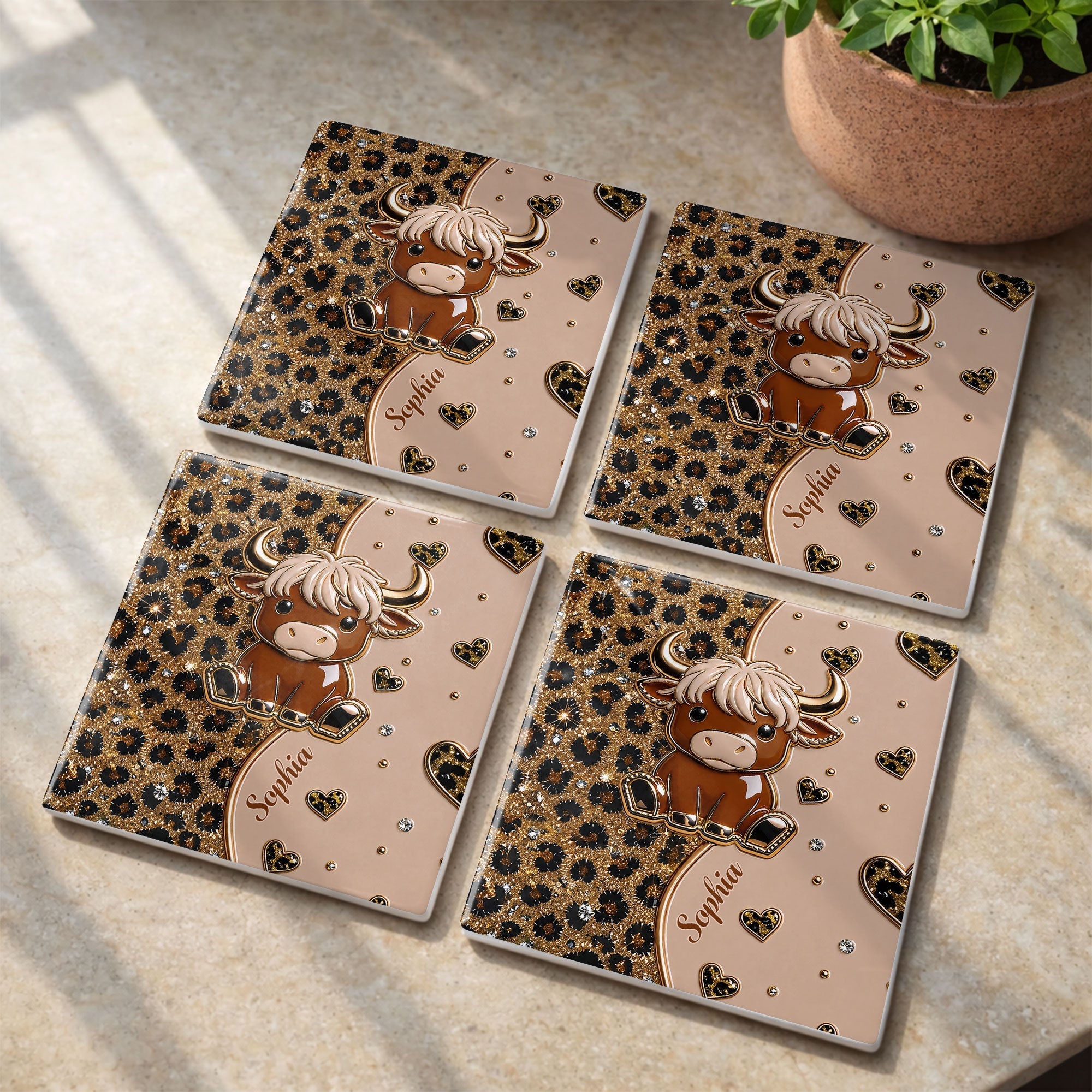 Personalized Square Ceramic Coaster Cute Highland Cow Gift