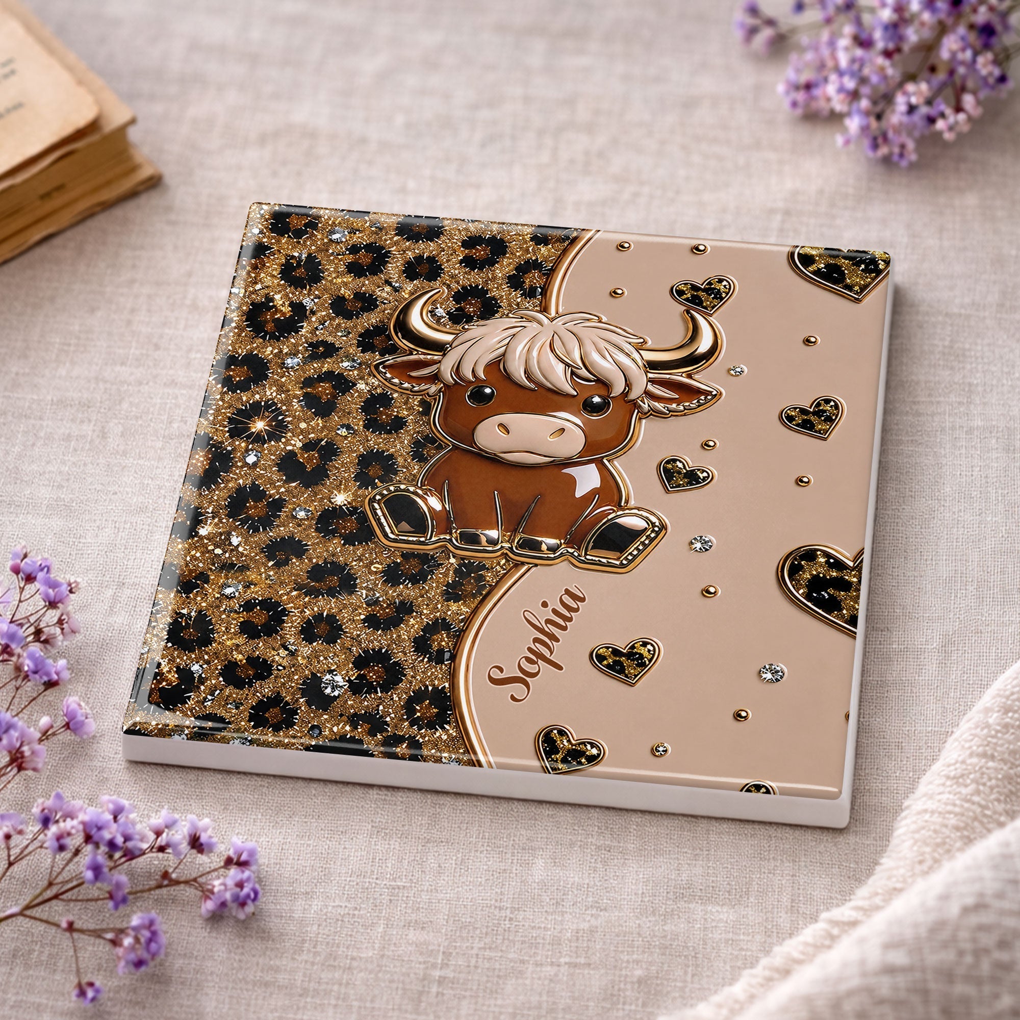 Personalized Square Ceramic Coaster Cute Highland Cow Gift