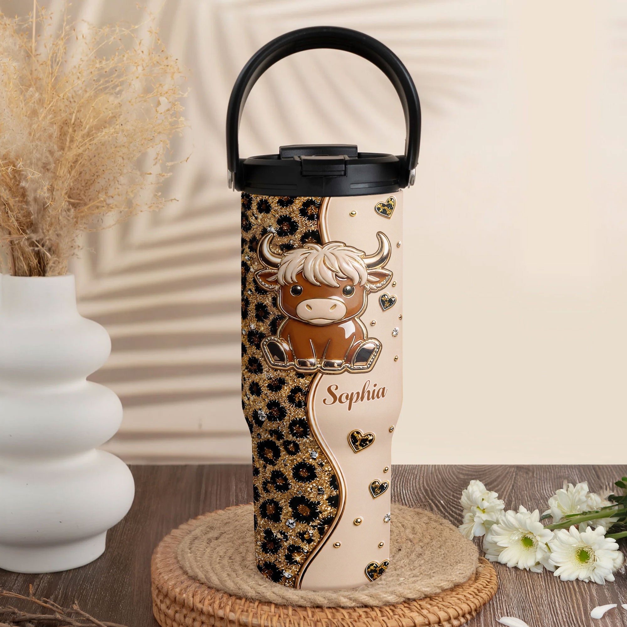 Personalized 30oz Tumbler with Handle Cute Highland Cow Gift