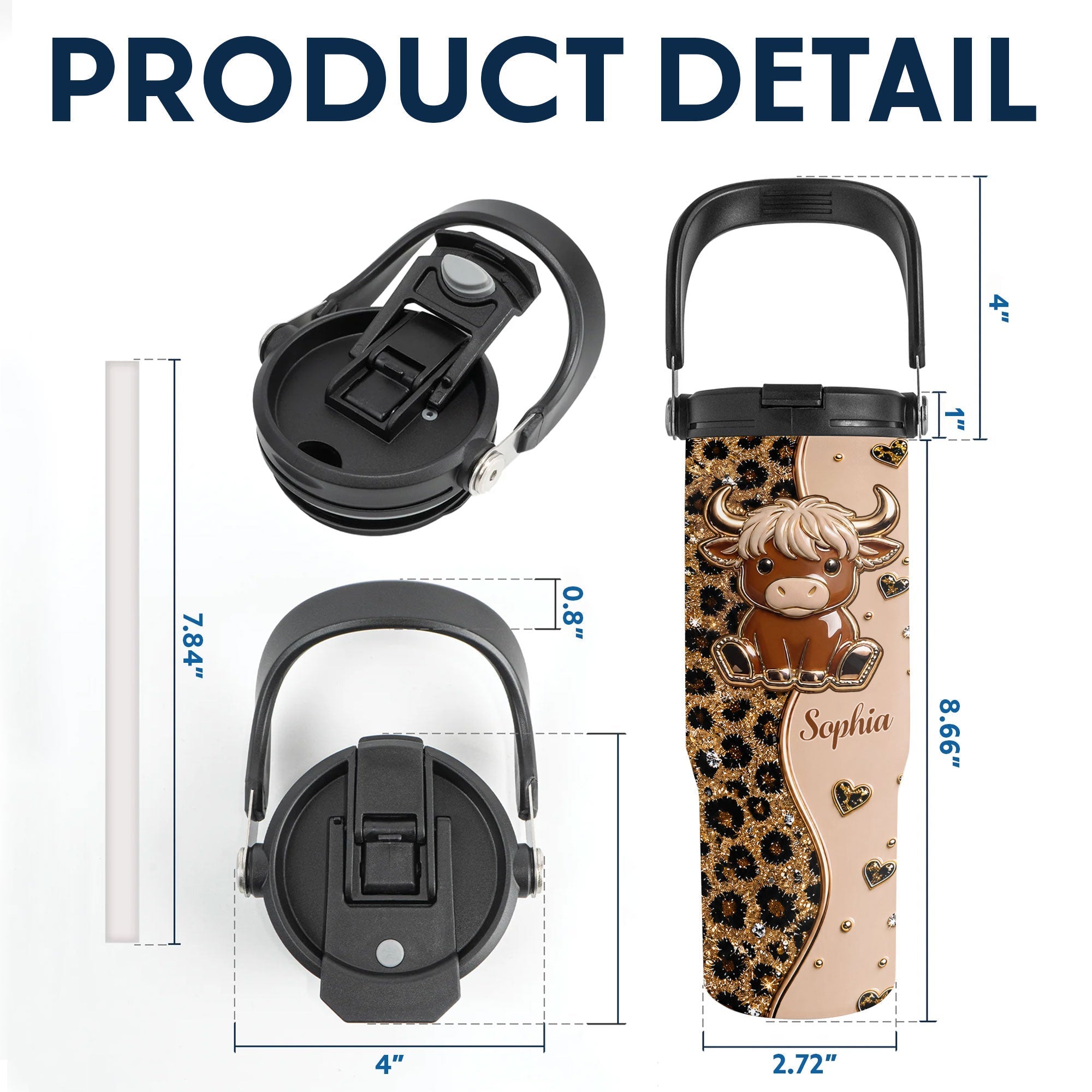 Personalized 30oz Tumbler with Handle Cute Highland Cow Gift