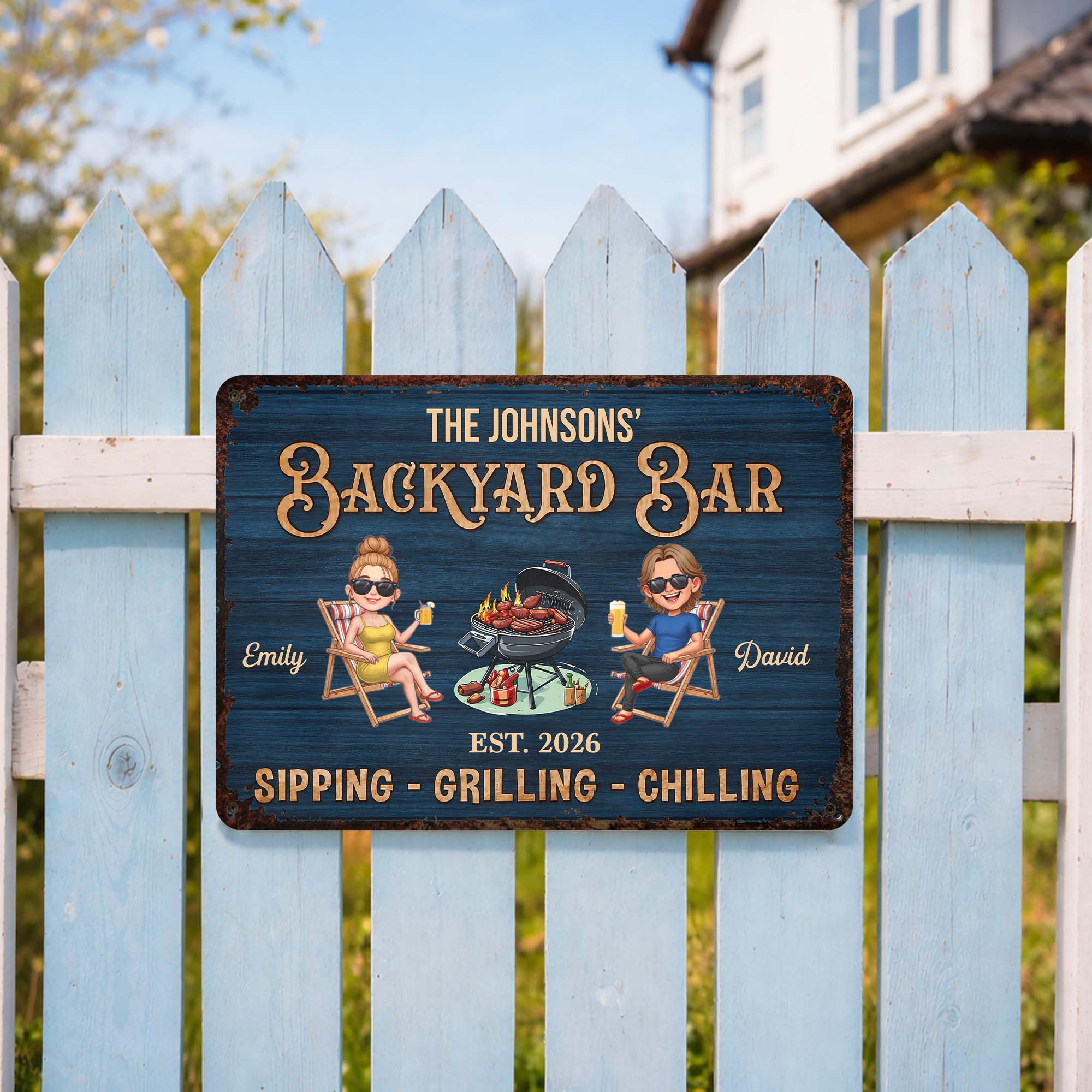 Personalized Metal Sign for Couples Backyard Grill Custom Name
