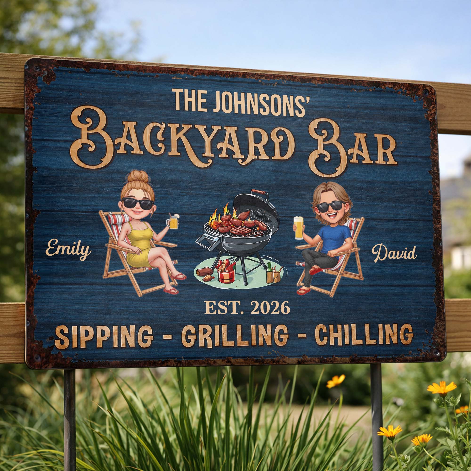 Personalized Metal Sign for Couples Backyard Grill Custom Name