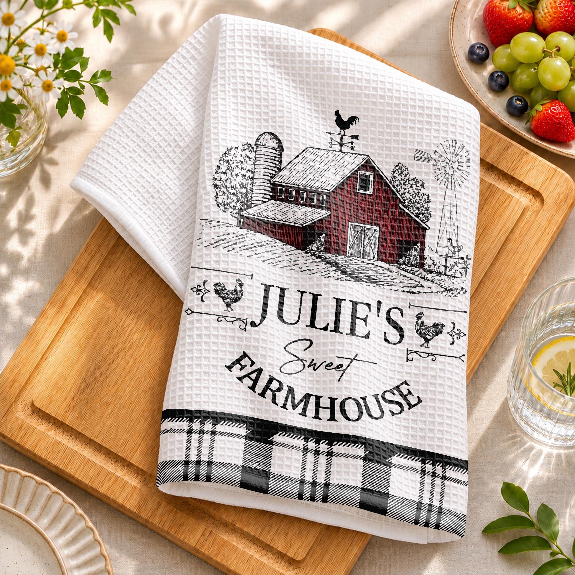 Personalized Farmhouse Kitchen Towel Custom Name Rooster Gift