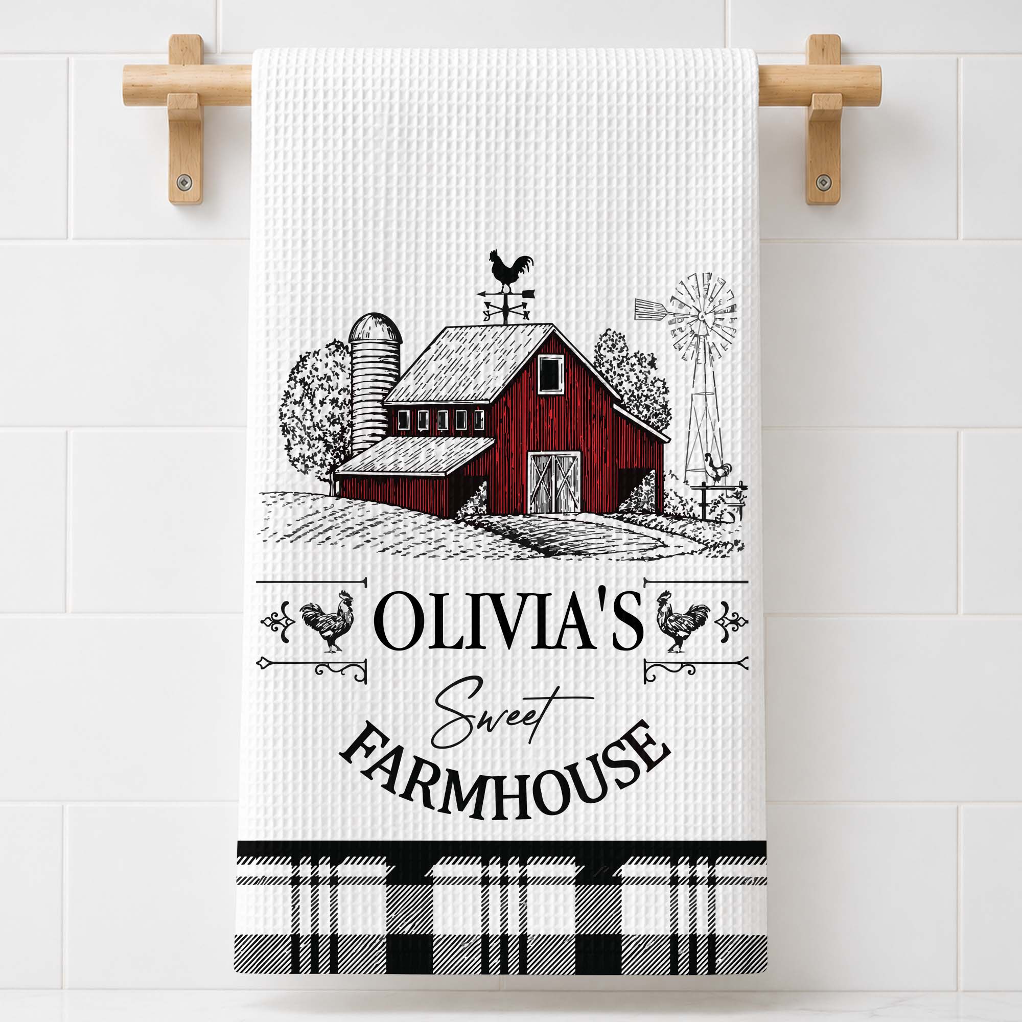 Personalized Farmhouse Kitchen Towel Custom Name Rooster Gift