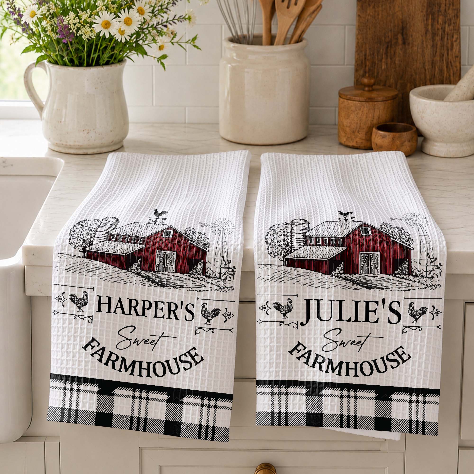 Personalized Farmhouse Kitchen Towel Custom Name Rooster Gift