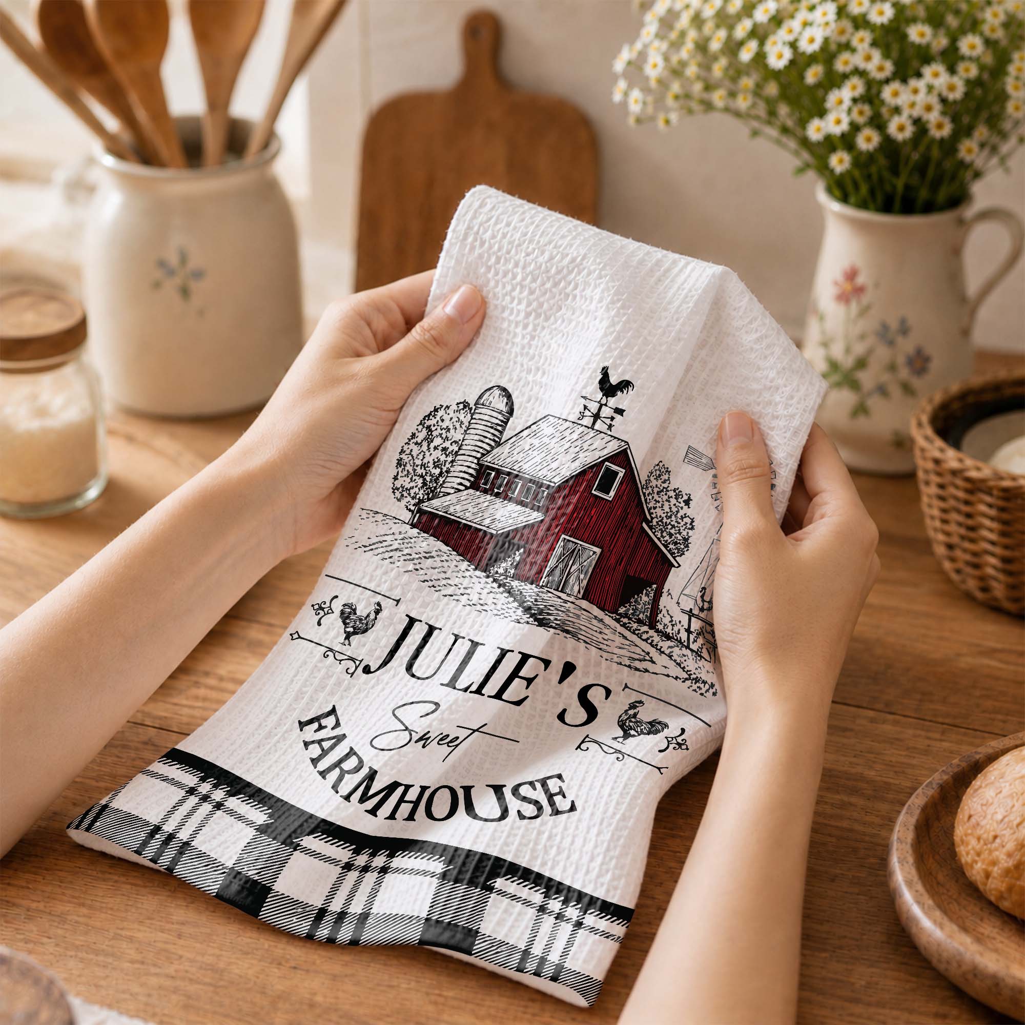 Personalized Farmhouse Kitchen Towel Custom Name Rooster Gift