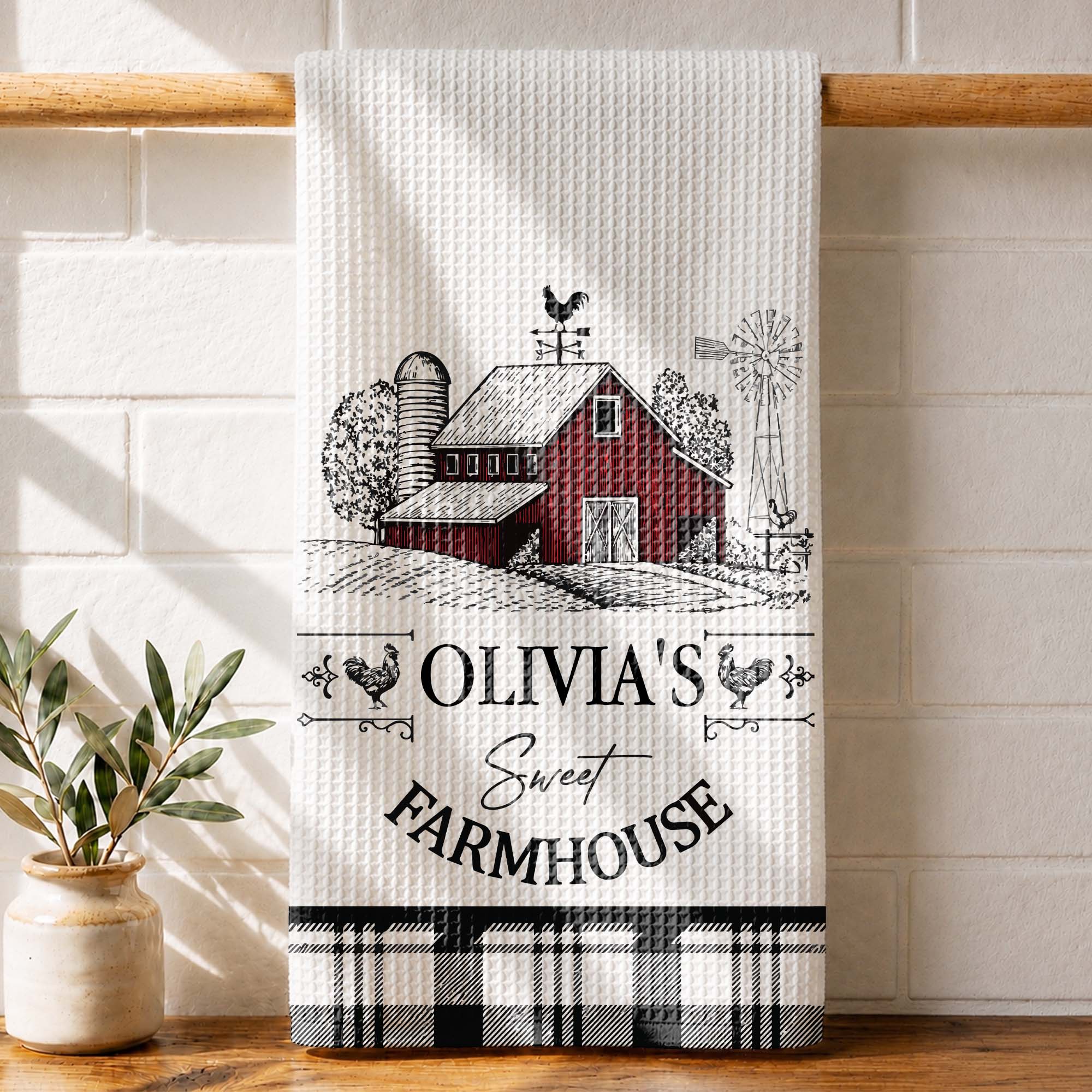Personalized Farmhouse Kitchen Towel Custom Name Rooster Gift