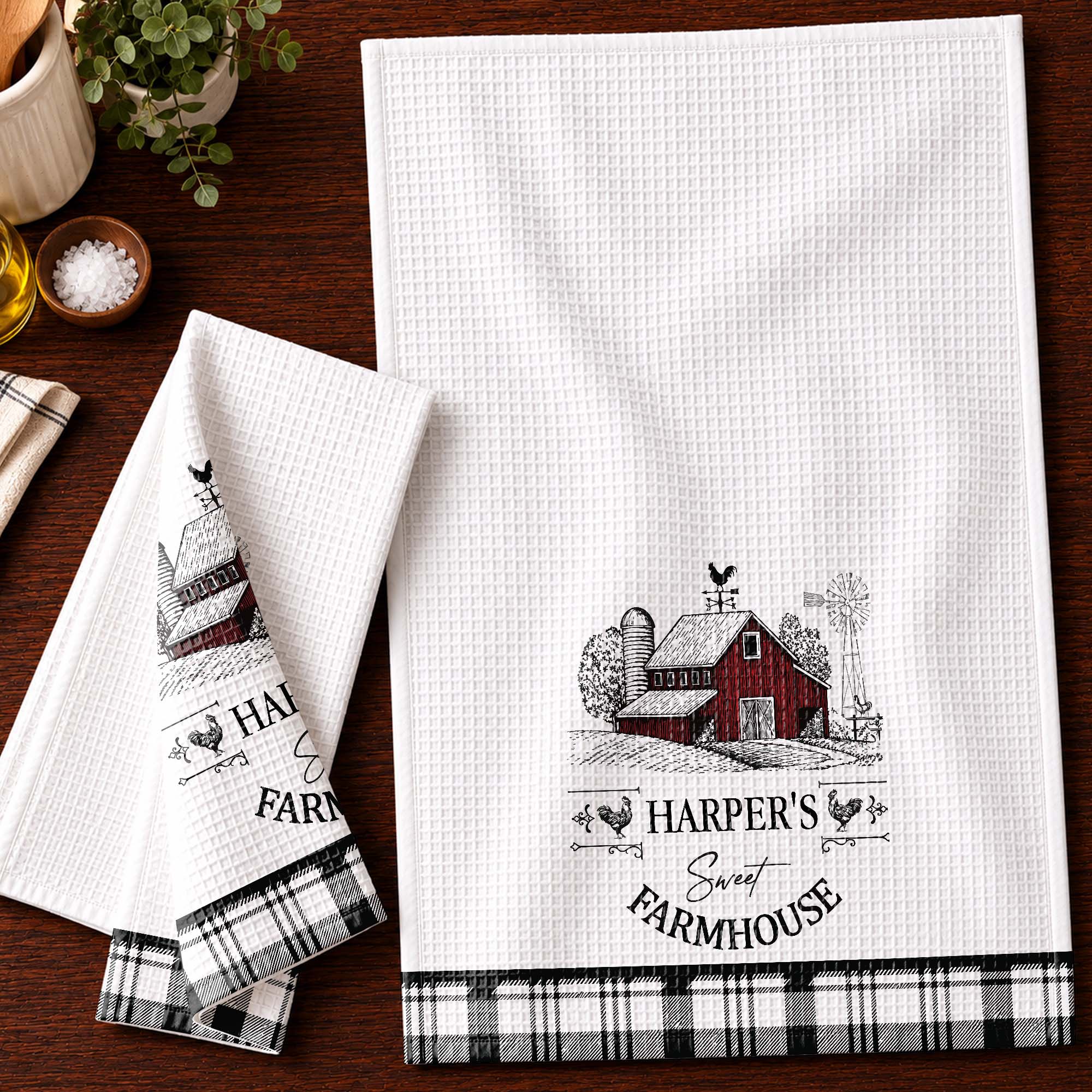 Personalized Farmhouse Kitchen Towel Custom Name Rooster Gift