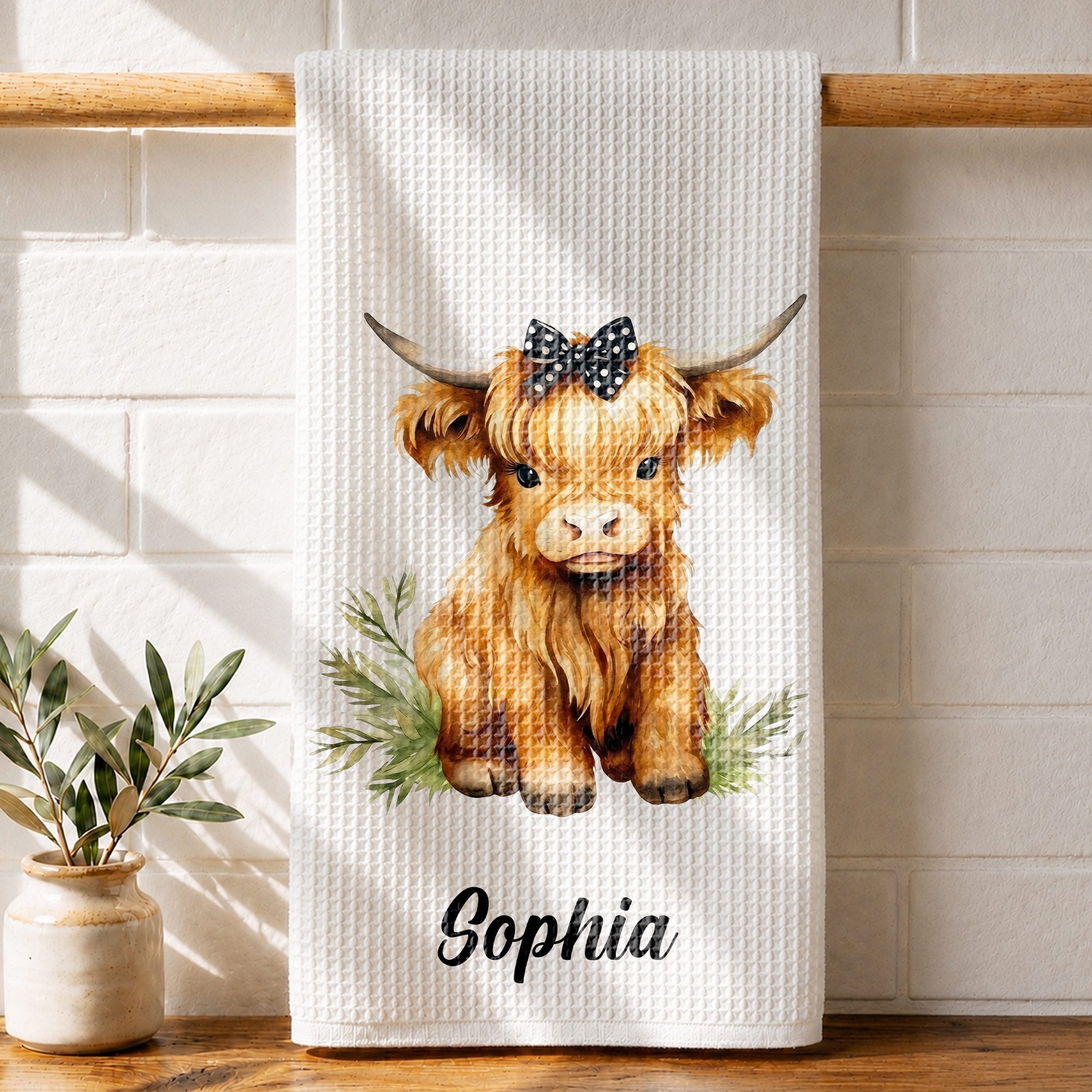 Personalized Kitchen Towel Custom Name Highland Cow Gift