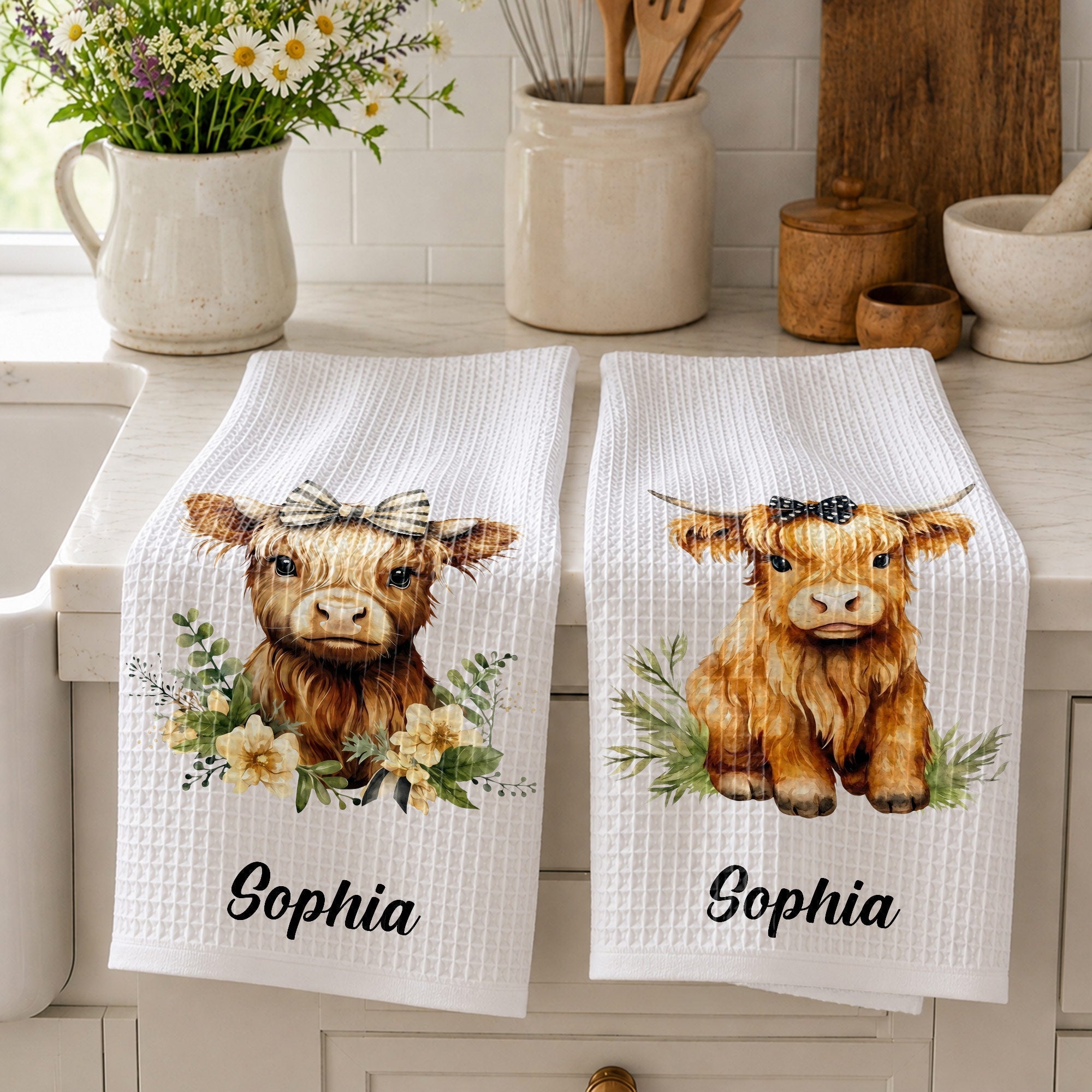 Personalized Kitchen Towel Custom Name Highland Cow Gift