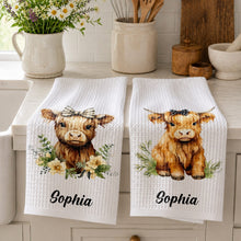 Load image into Gallery viewer, Personalized Kitchen Towel Custom Name Highland Cow Gift
