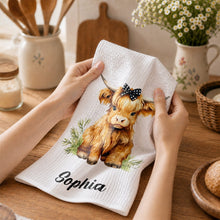 Load image into Gallery viewer, Personalized Kitchen Towel Custom Name Highland Cow Gift
