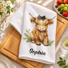 Load image into Gallery viewer, Personalized Kitchen Towel Custom Name Highland Cow Gift
