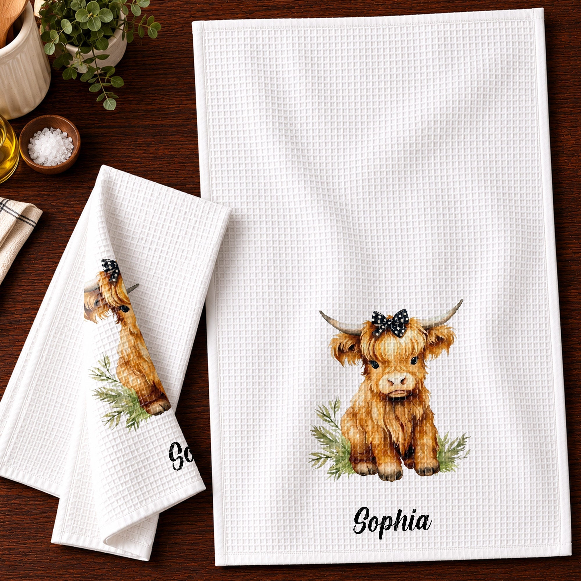 Personalized Kitchen Towel Custom Name Highland Cow Gift