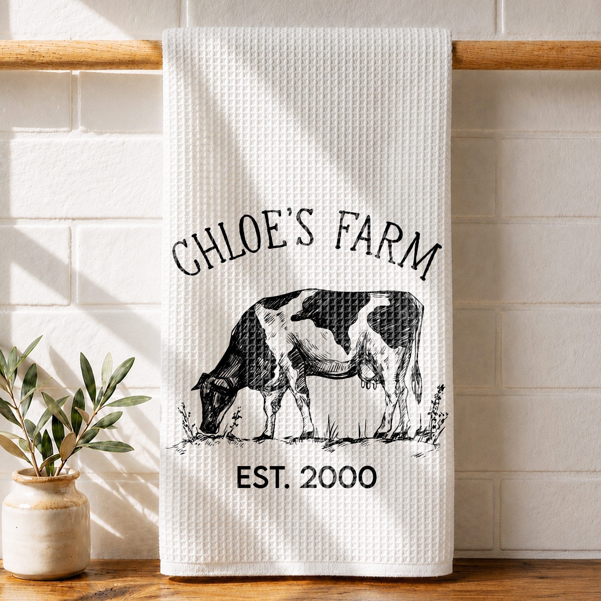 Personalized Farm Fresh Cow Sketch Kitchen Towel Gift for Mom