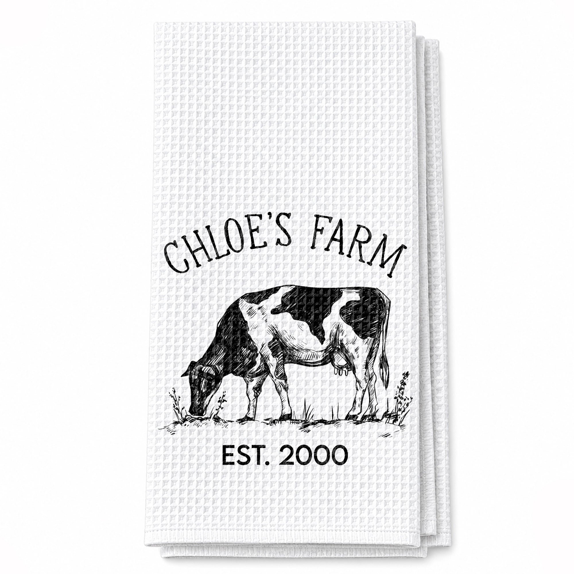 Personalized Farm Fresh Cow Sketch Kitchen Towel Gift for Mom
