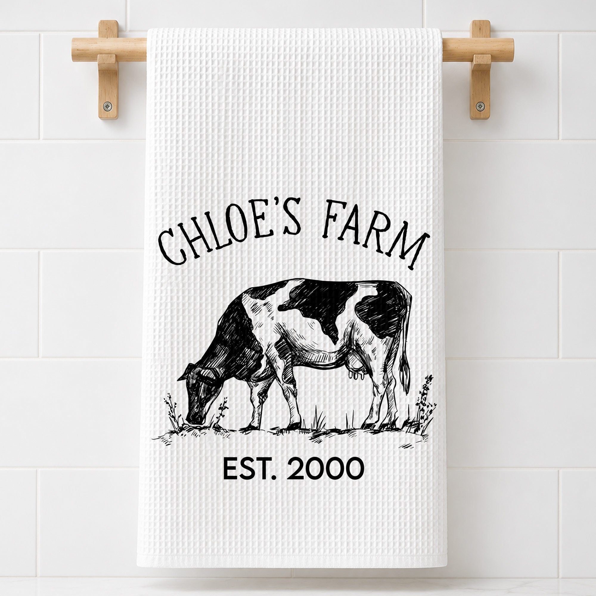 Personalized Farm Fresh Cow Sketch Kitchen Towel Gift for Mom