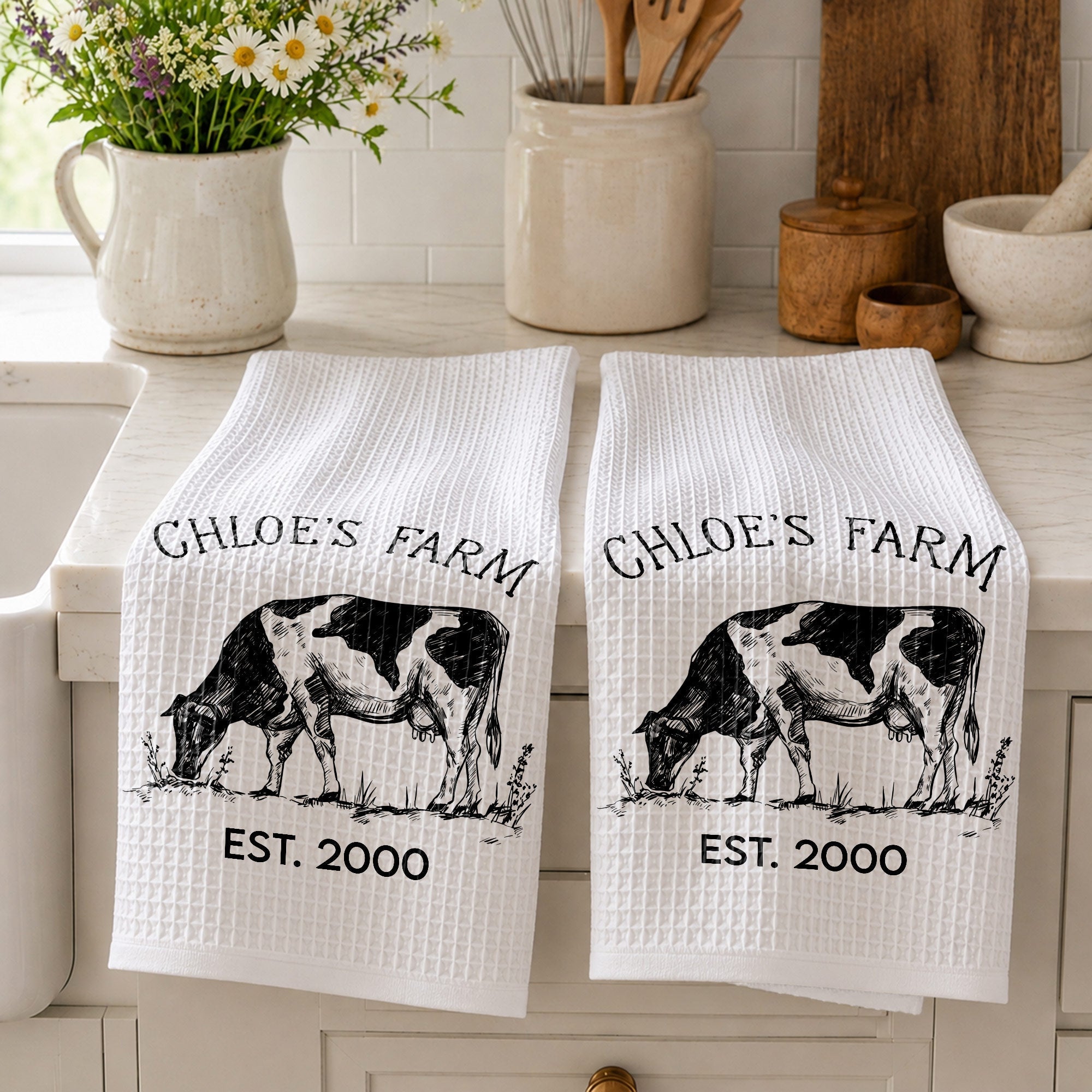 Personalized Farm Fresh Cow Sketch Kitchen Towel Gift for Mom