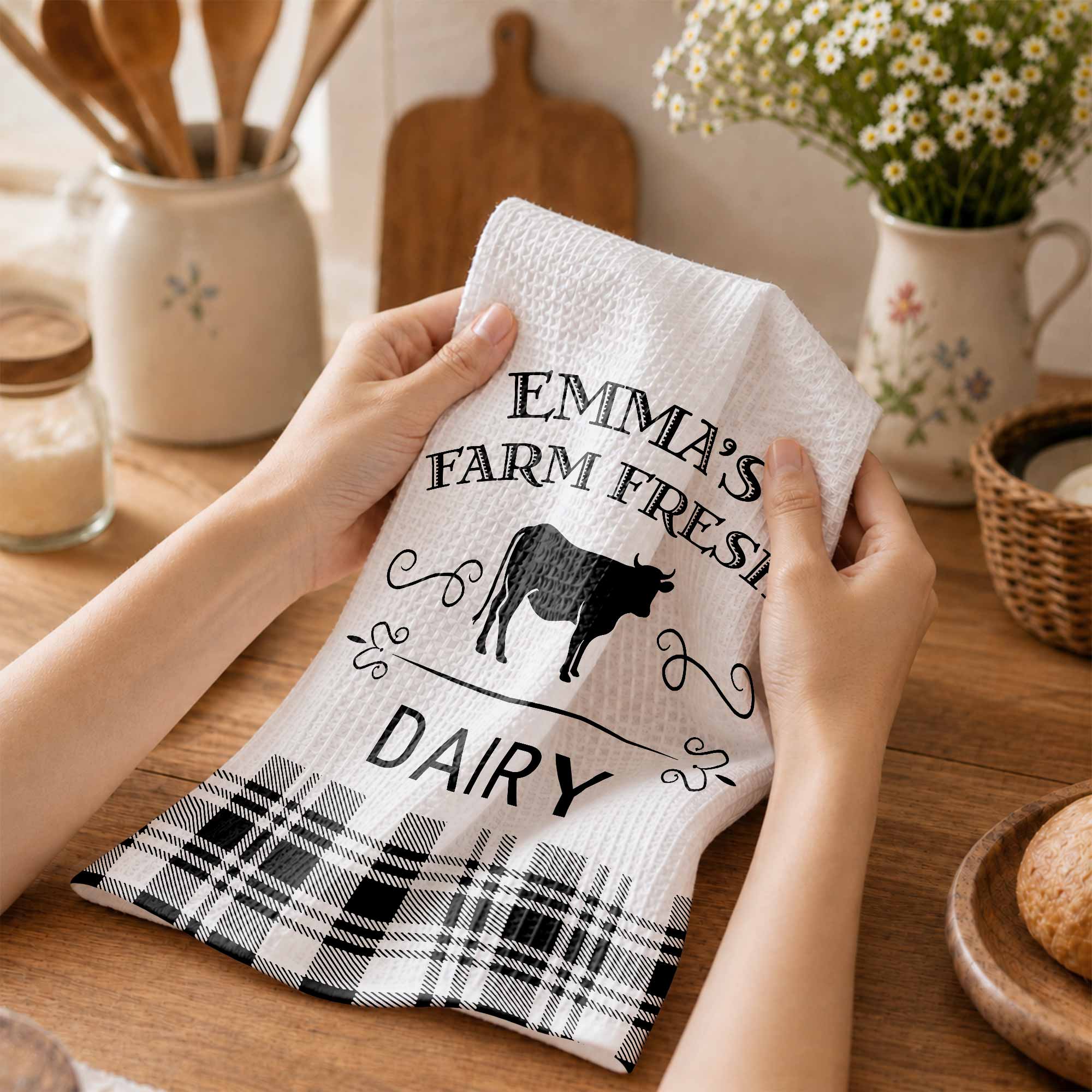 Personalized Farm Fresh Dairy Cow Kitchen Towel Custom Name Gift