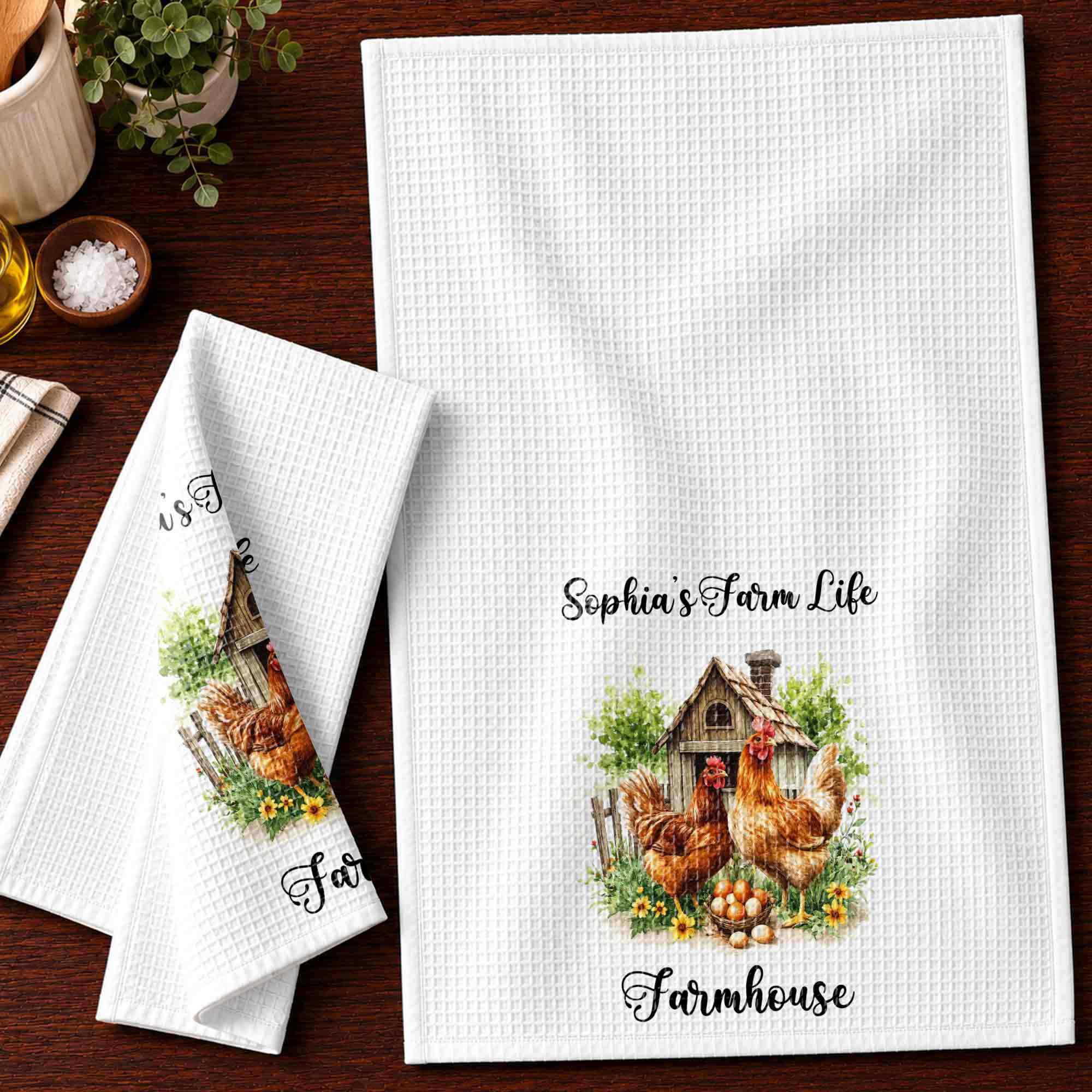Personalized Farmhouse Kitchen Towel Custom Name Chickens Gift