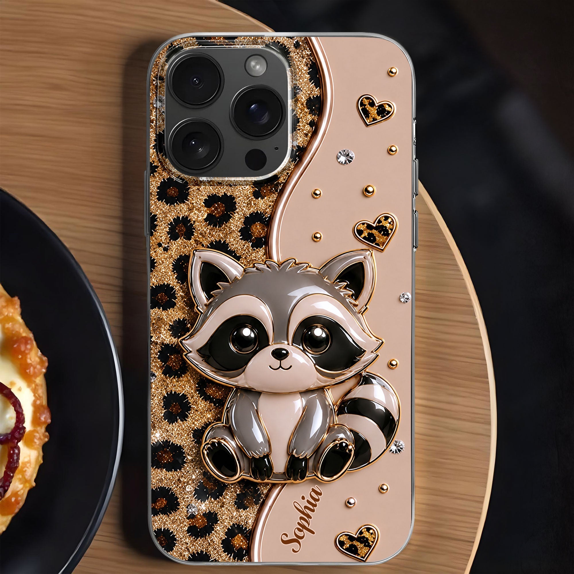 Personalized Clear Phone Case Cute Raccoon Glitter Design Gift