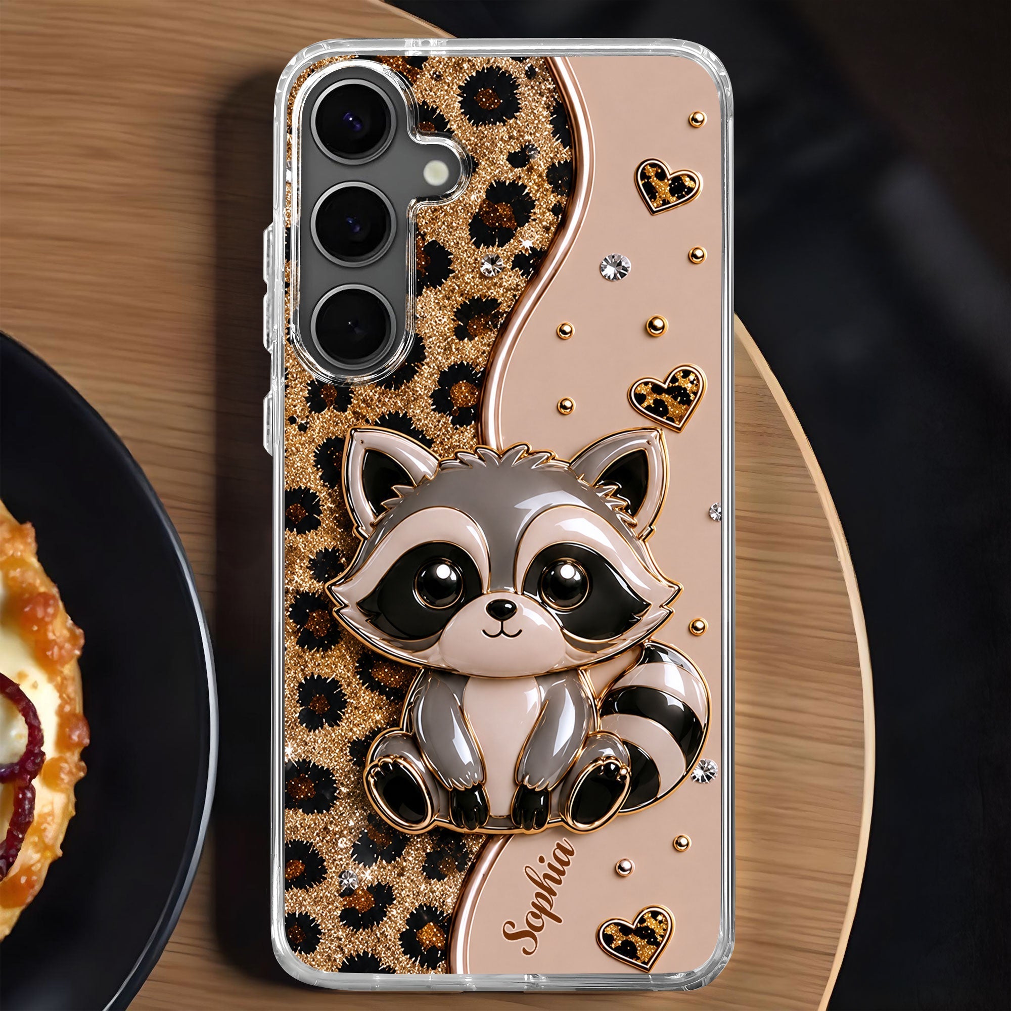 Personalized Clear Phone Case Cute Raccoon Glitter Design Gift