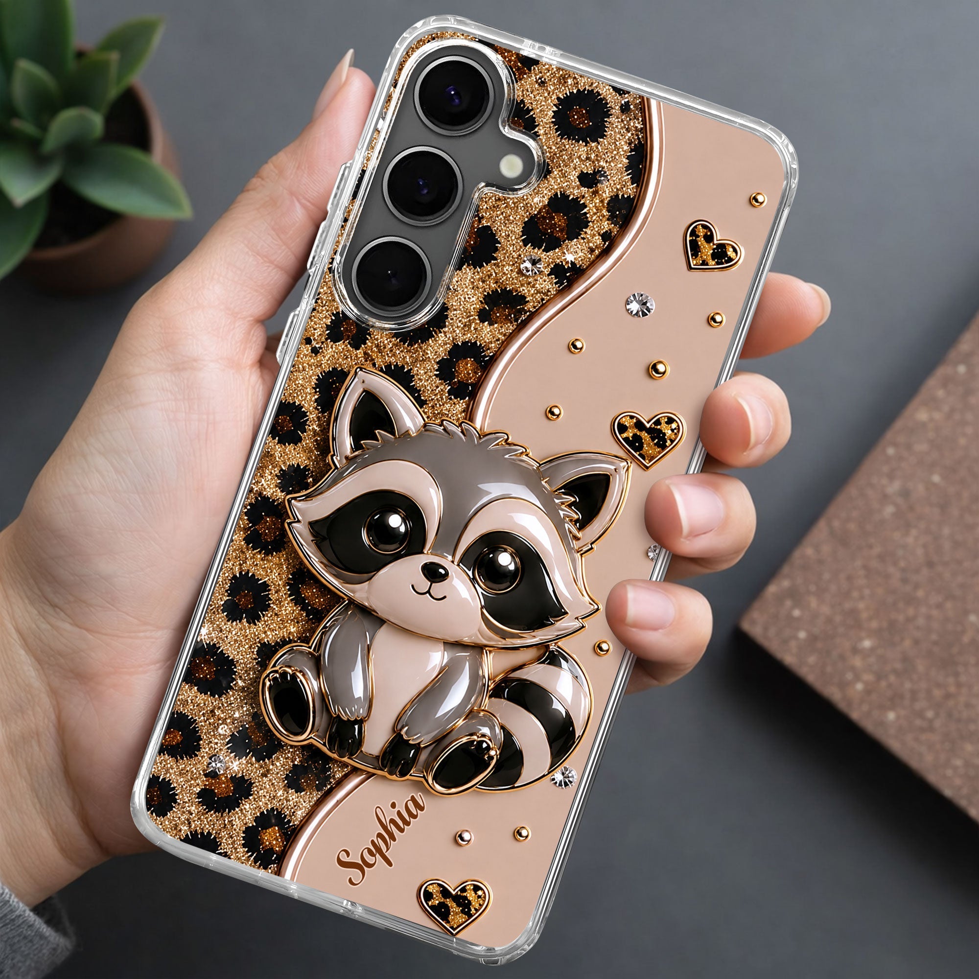 Personalized Clear Phone Case Cute Raccoon Glitter Design Gift
