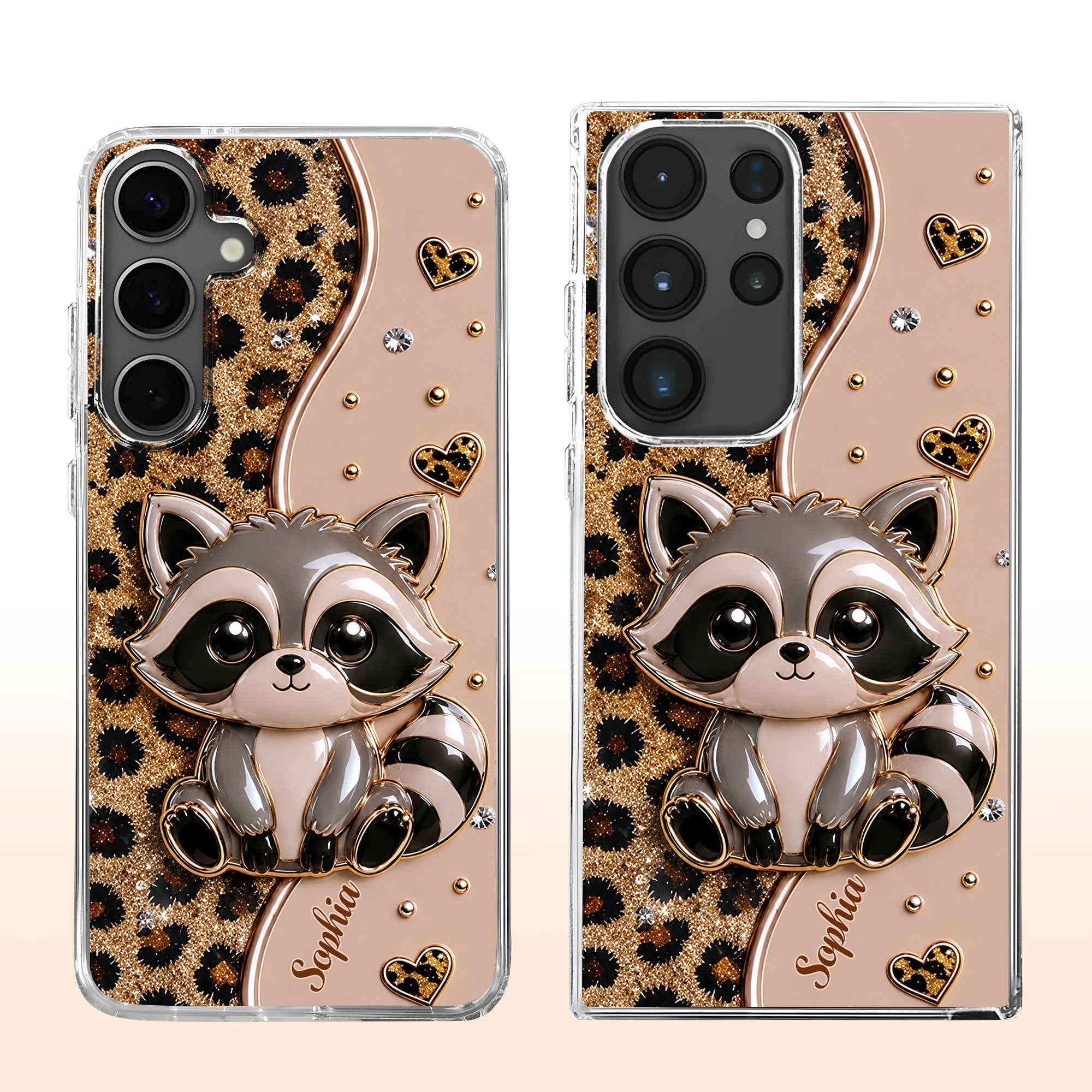 Personalized Clear Phone Case Cute Raccoon Glitter Design Gift
