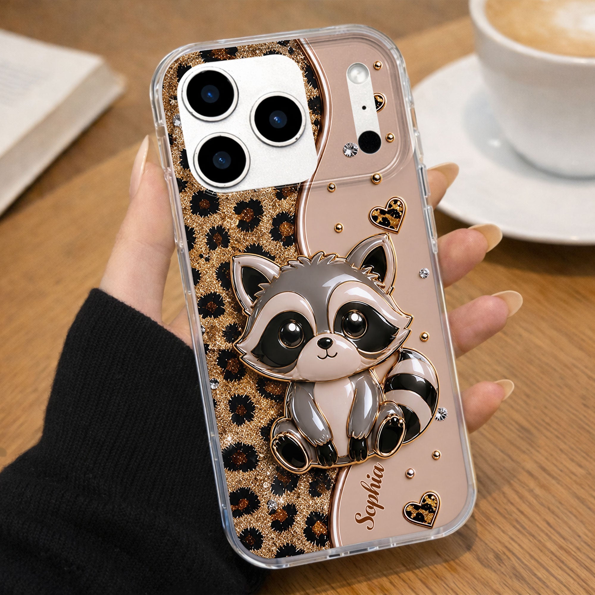 Personalized Clear Phone Case Cute Raccoon Glitter Design Gift