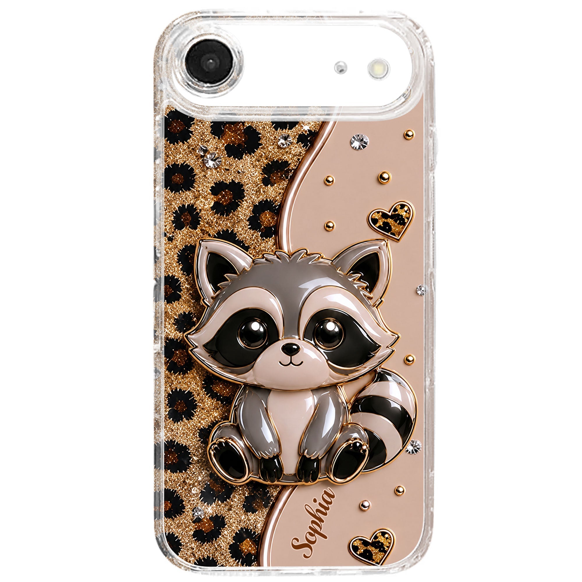 Personalized Clear Phone Case Cute Raccoon Glitter Design Gift