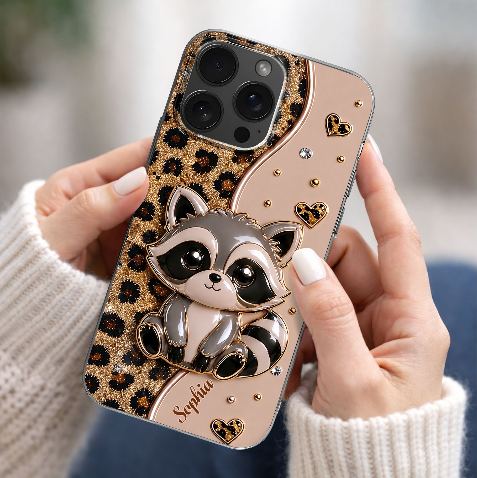 Personalized Clear Phone Case Cute Raccoon Glitter Design Gift