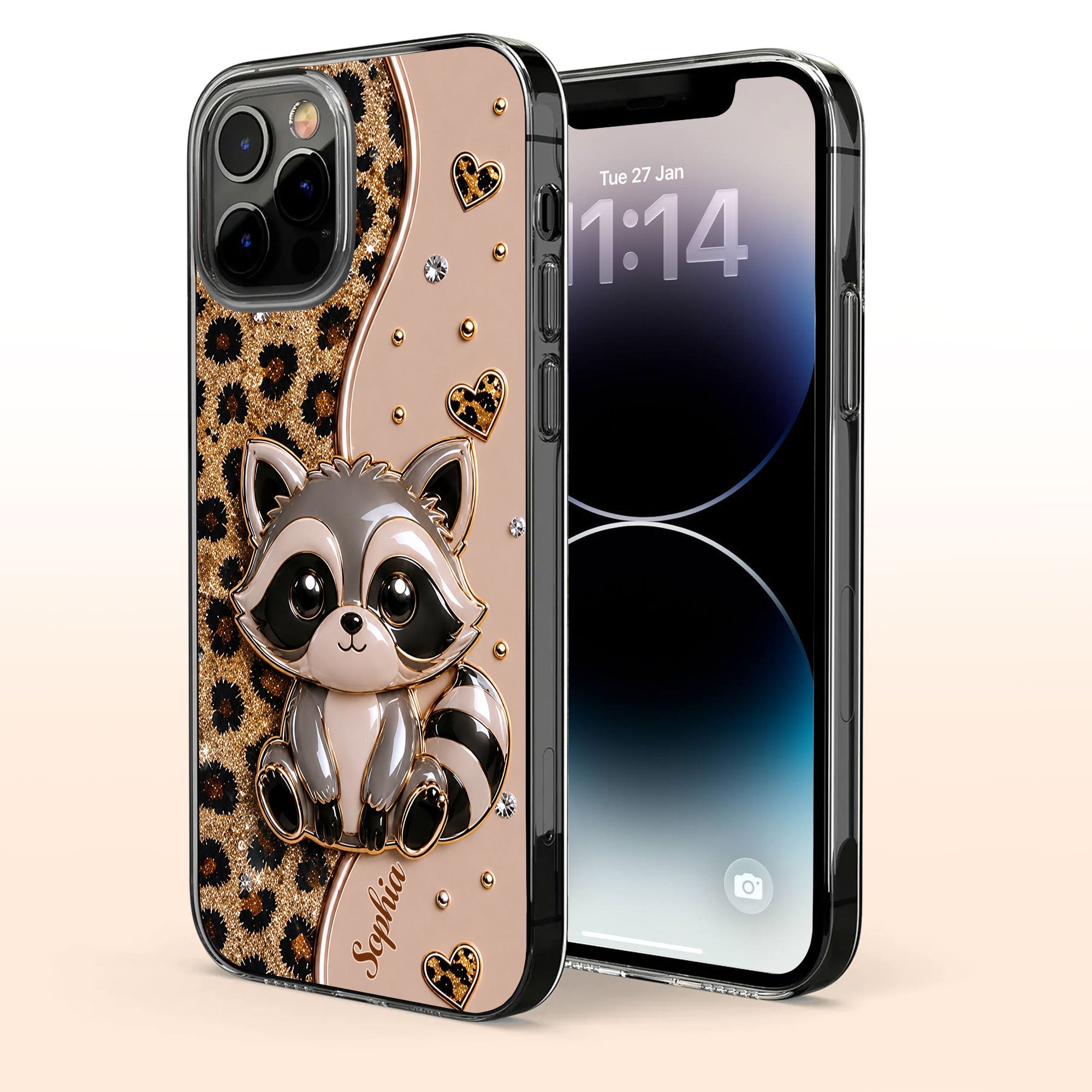 Personalized Clear Phone Case Cute Raccoon Glitter Design Gift
