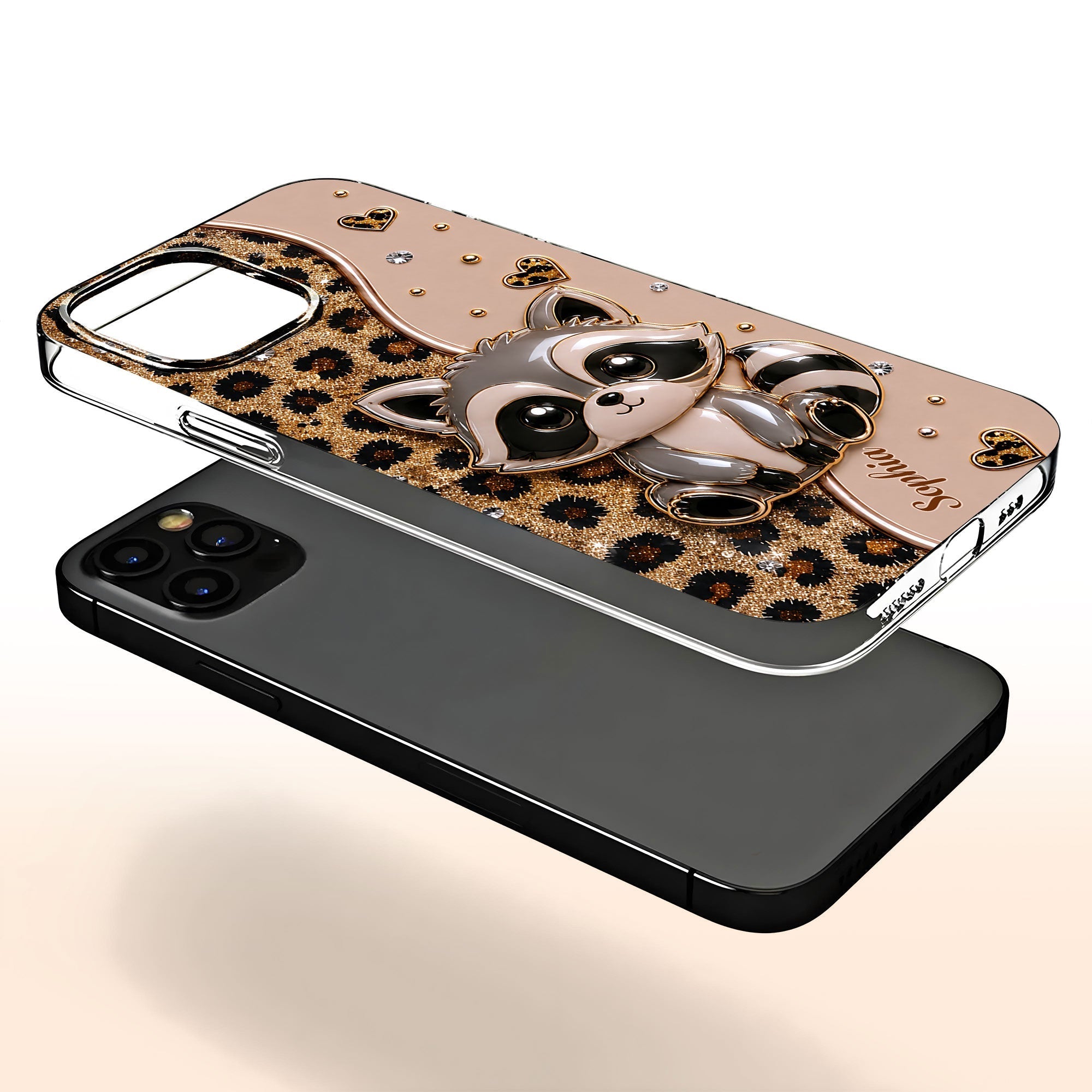 Personalized Clear Phone Case Cute Raccoon Glitter Design Gift