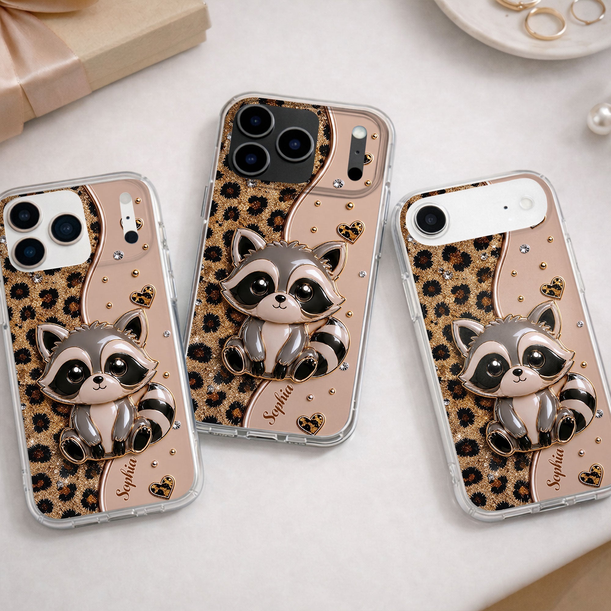 Personalized Clear Phone Case Cute Raccoon Glitter Design Gift