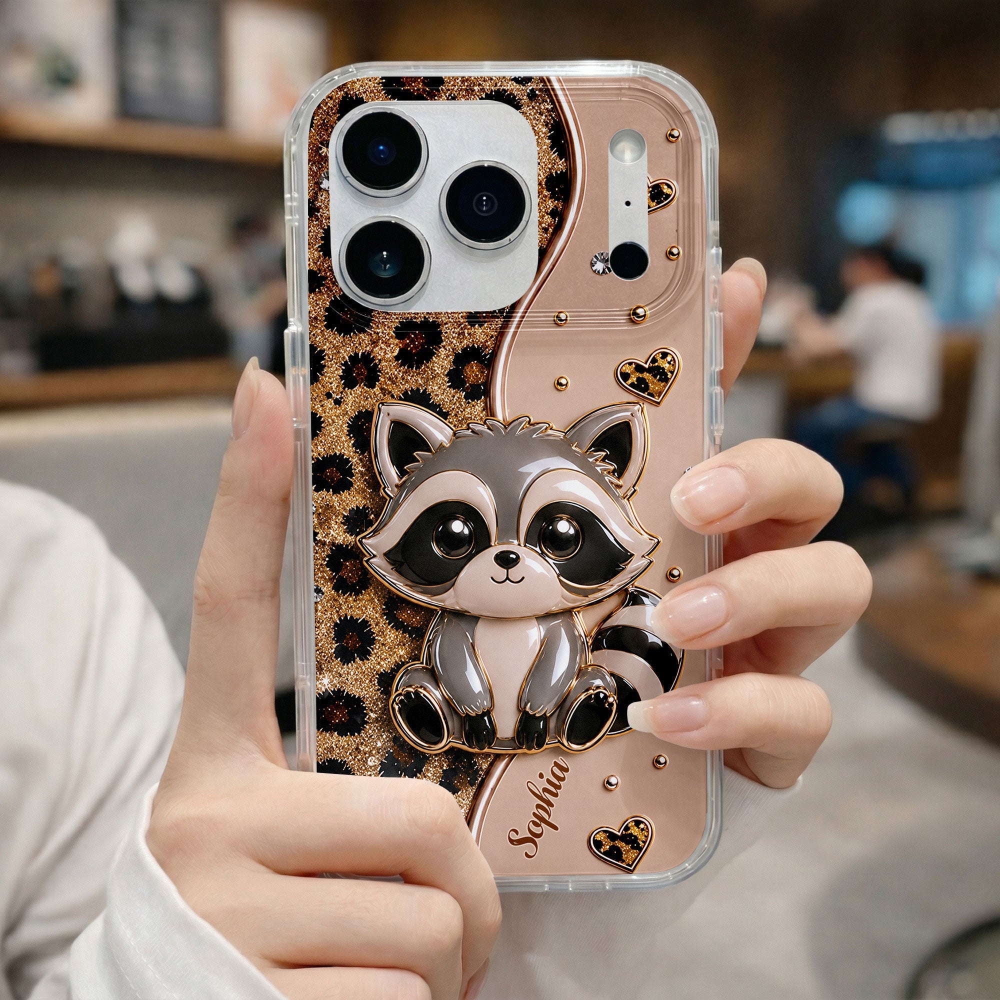 Personalized Clear Phone Case Cute Raccoon Glitter Design Gift