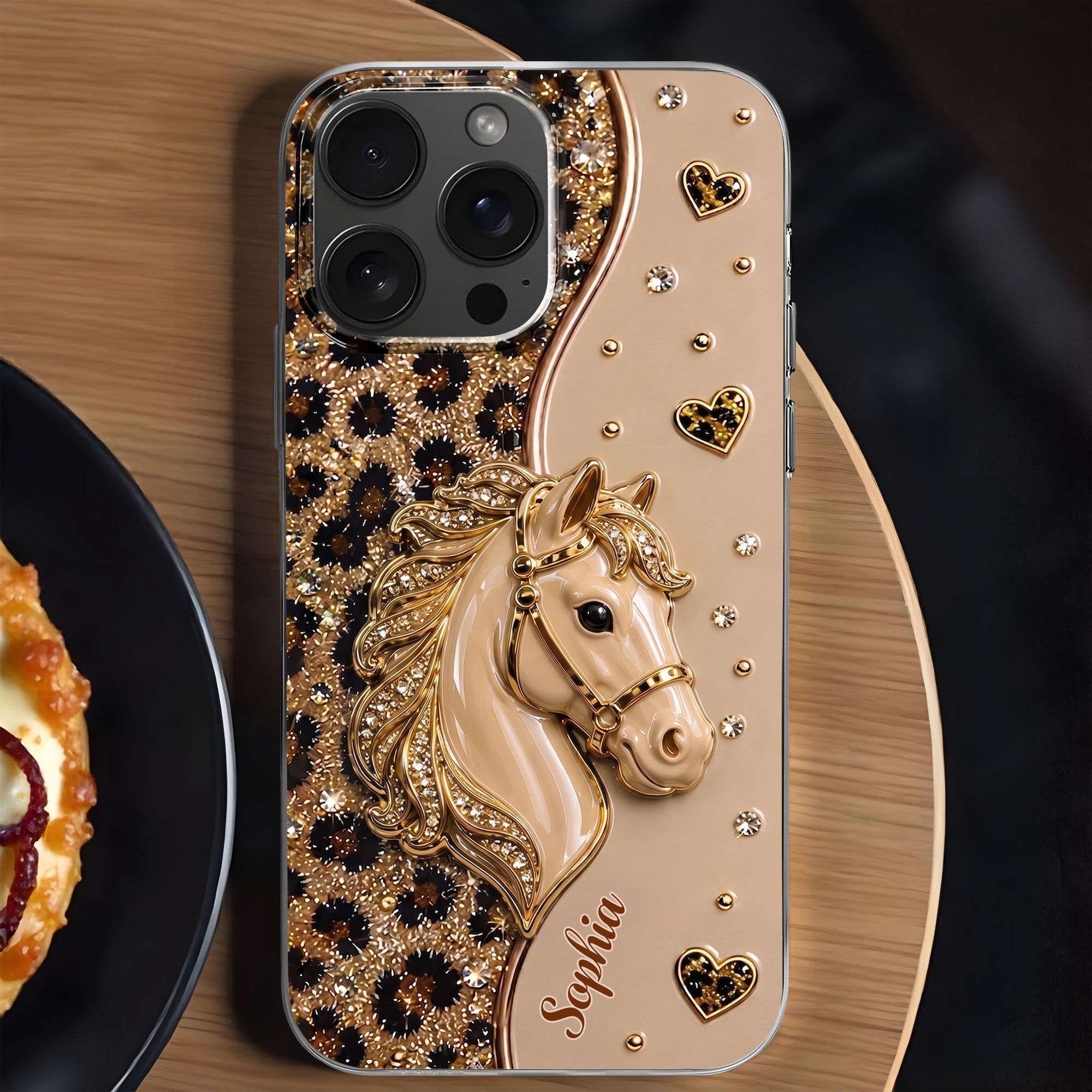 Personalized Clear Phone Case with 3D Horse Glitter Design for Gift