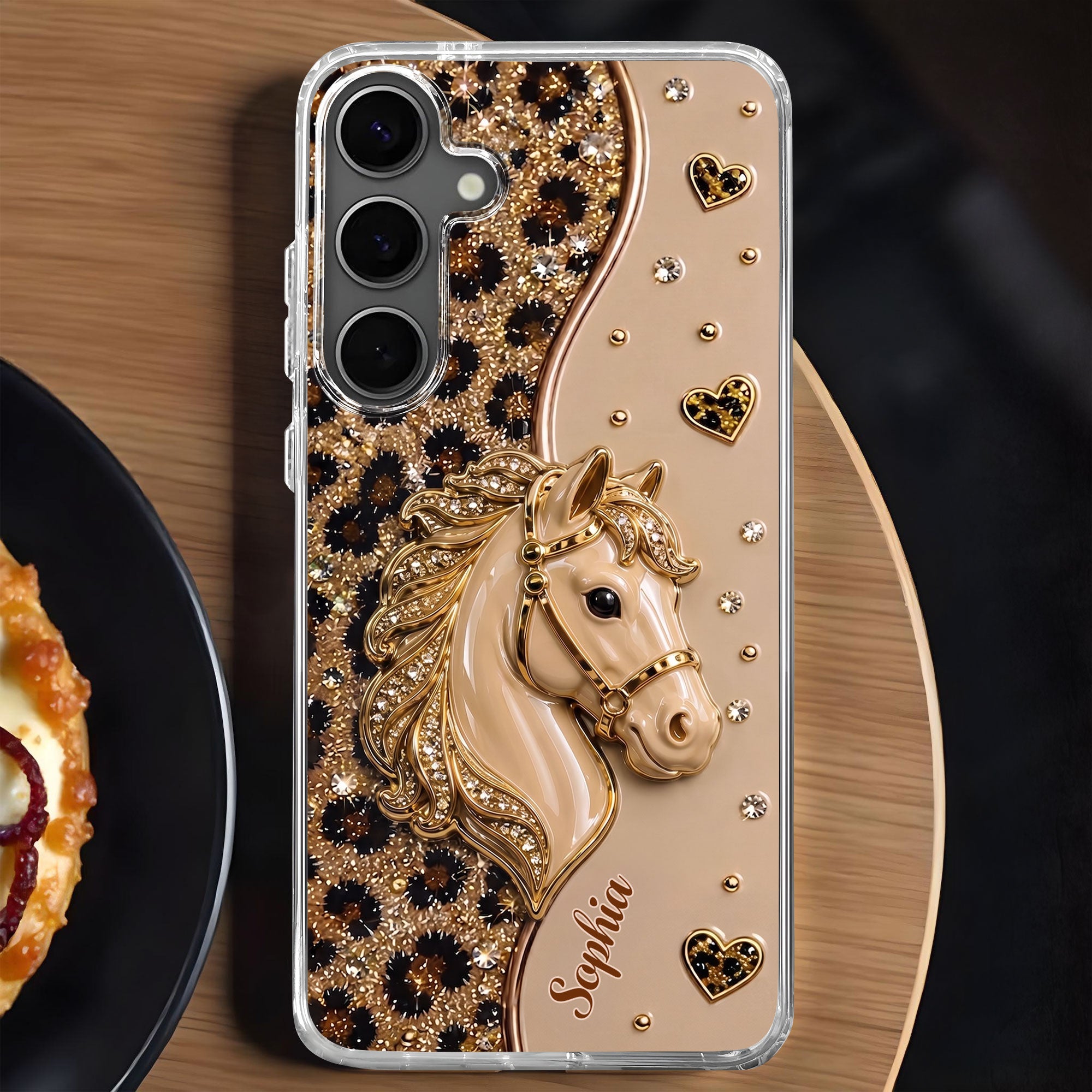 Personalized Clear Phone Case with 3D Horse Glitter Design for Gift