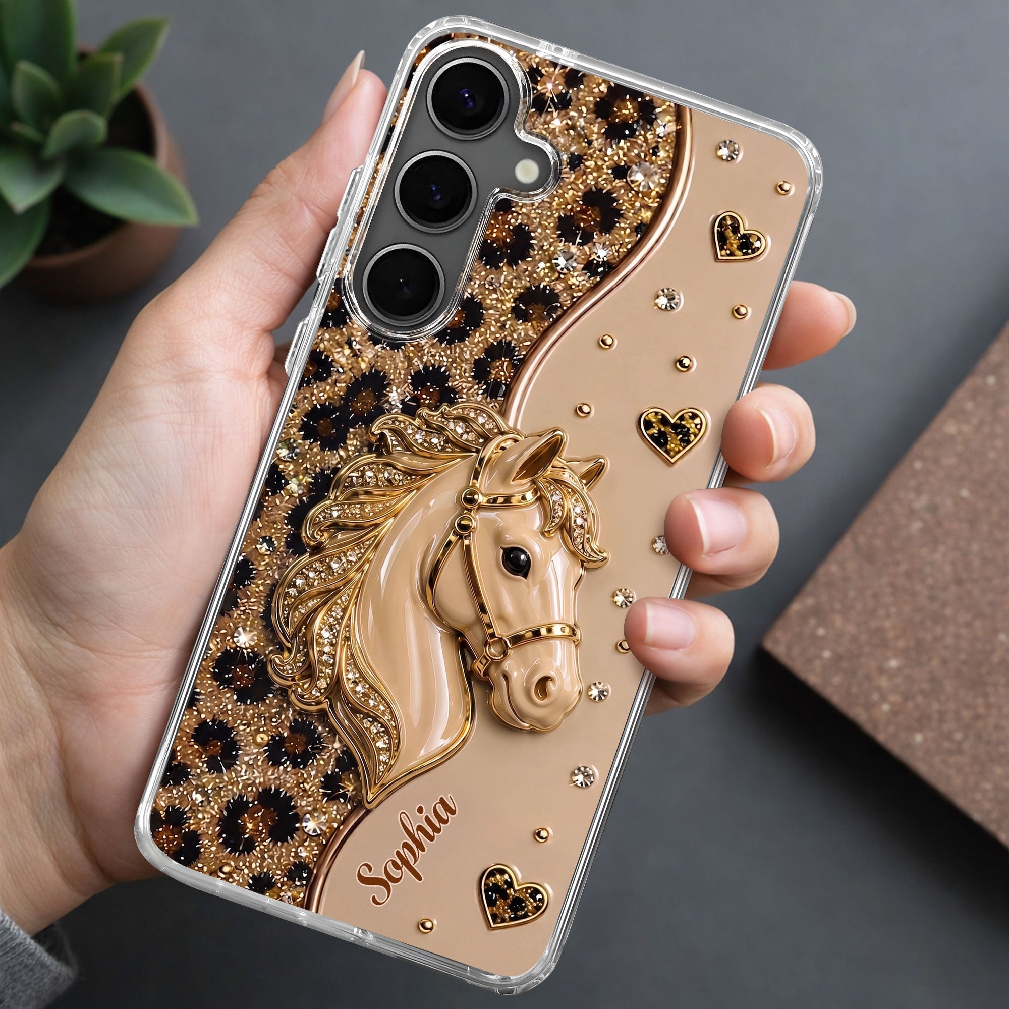 Personalized Clear Phone Case with 3D Horse Glitter Design for Gift
