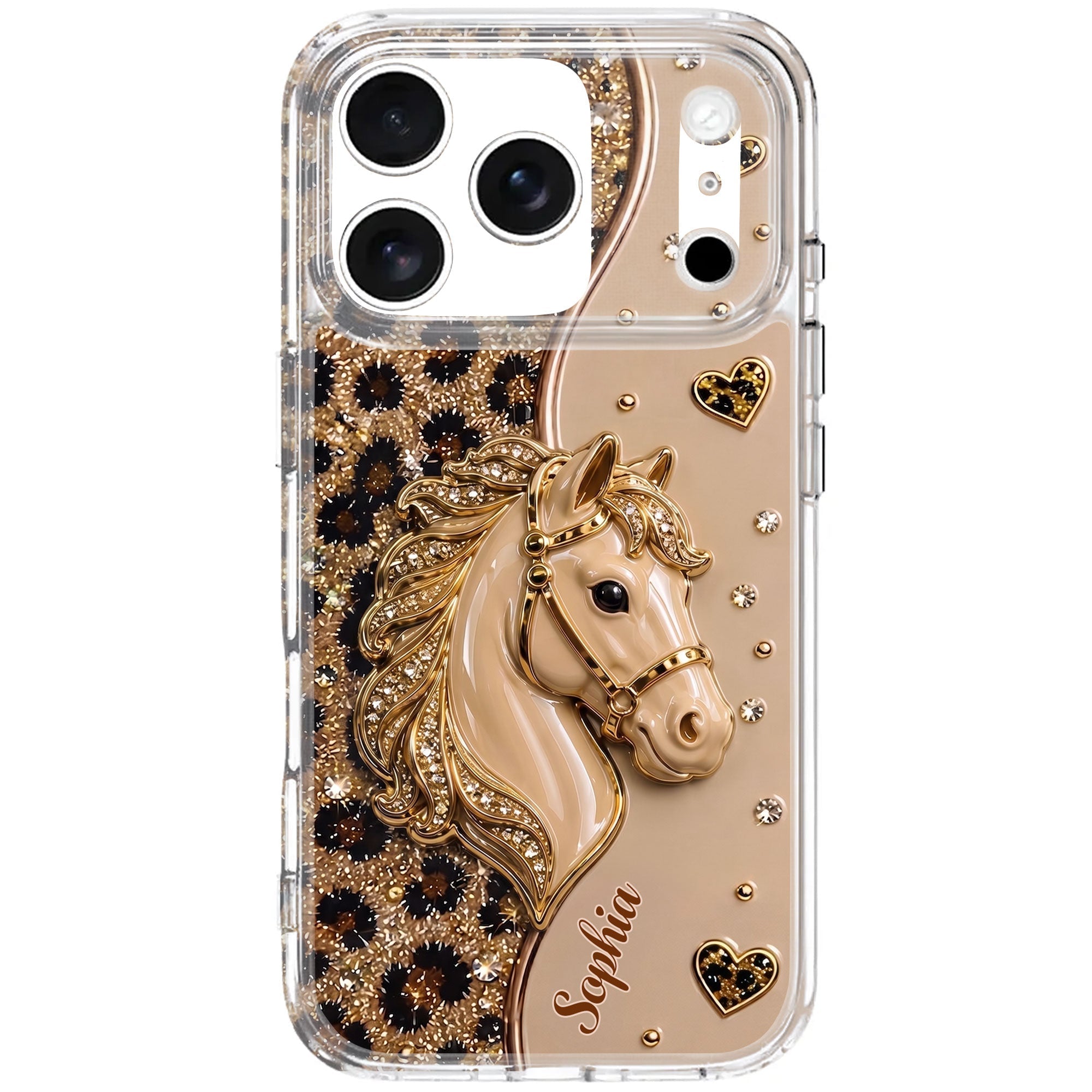 Personalized Clear Phone Case with 3D Horse Glitter Design for Gift