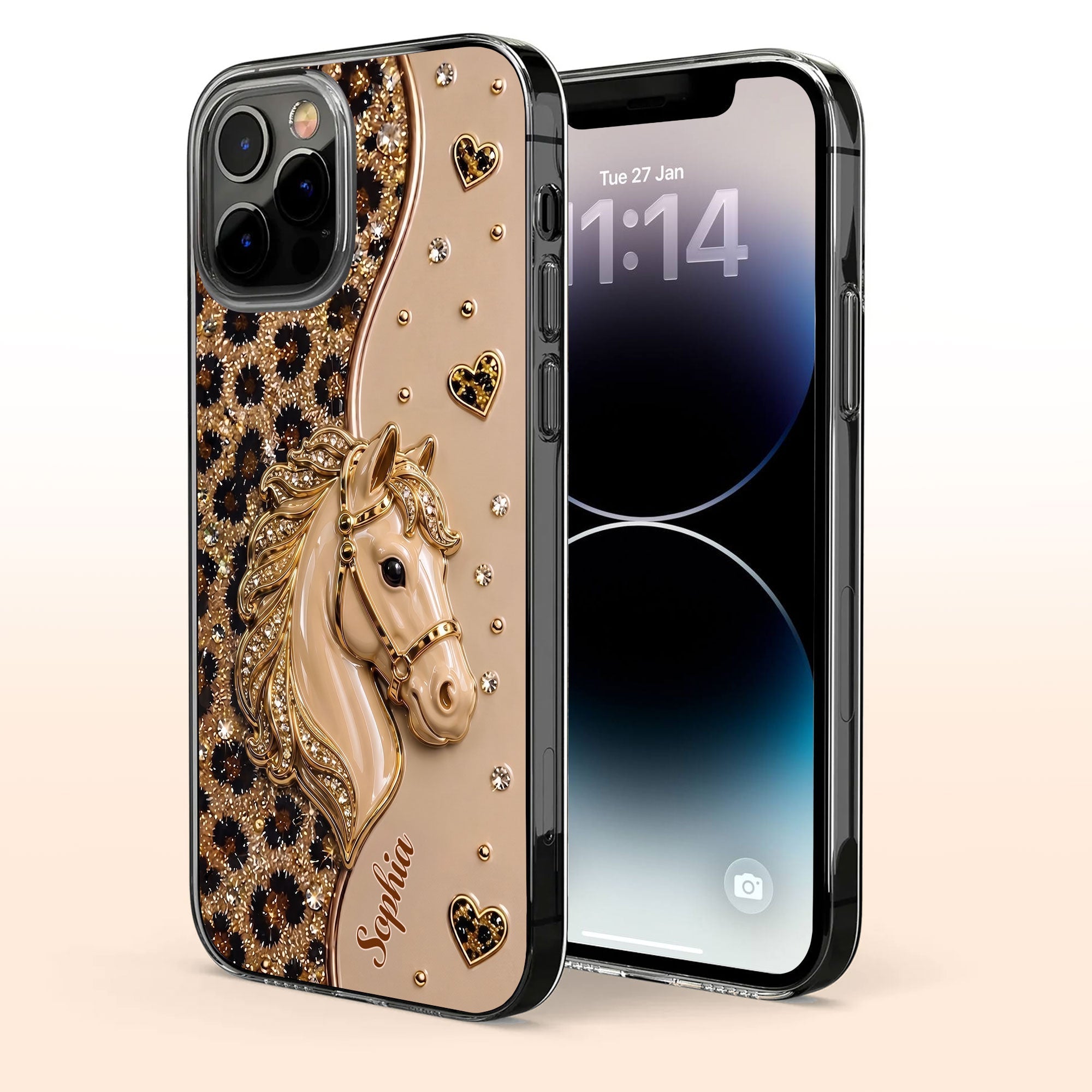 Personalized Clear Phone Case with 3D Horse Glitter Design for Gift