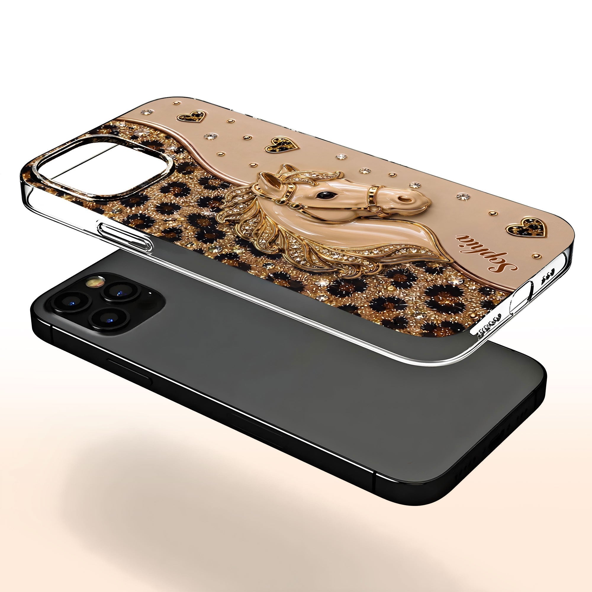 Personalized Clear Phone Case with 3D Horse Glitter Design for Gift