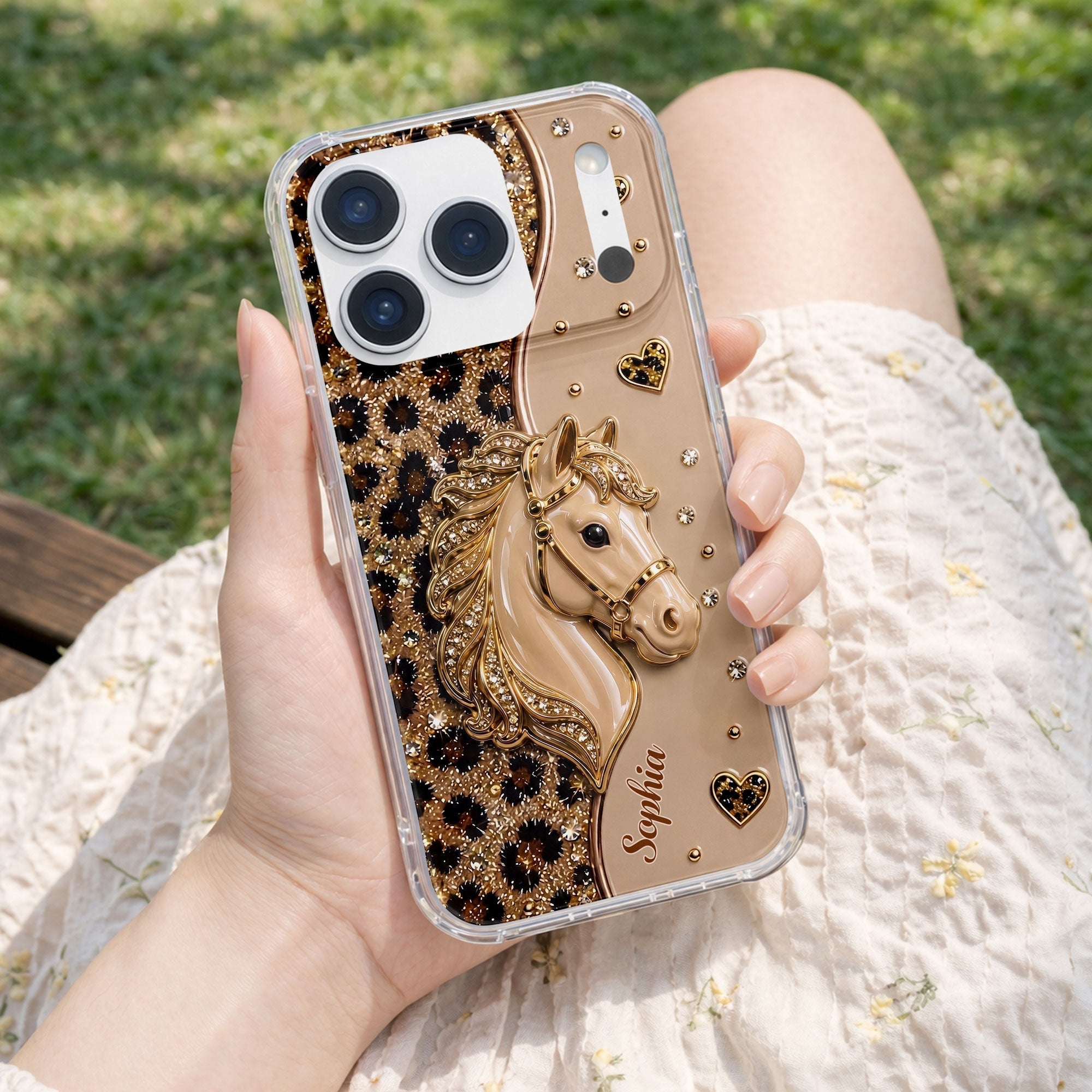 Personalized Clear Phone Case with 3D Horse Glitter Design for Gift