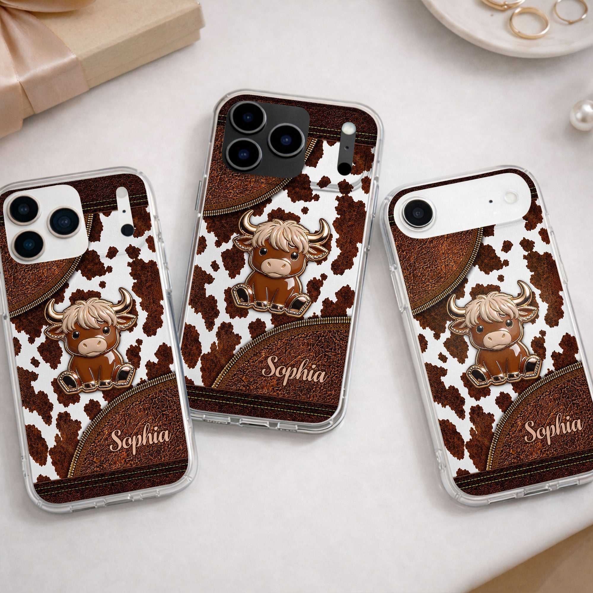 Personalized Clear Phone Case Cute Highland Cow Design Gift